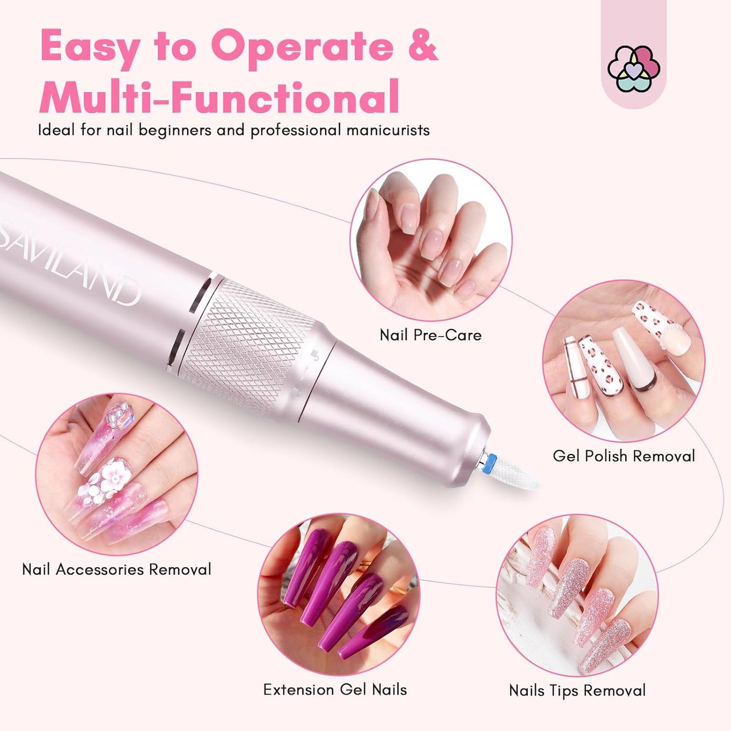 SAVILAND Professional Nail Drill: 40000 RPM PRO Electric Nail Drill Machine Nail File With Colorful Nail Bits for Manicure Pedicure Acrylic Removal Polishing Tools Kit for Salon Home Use