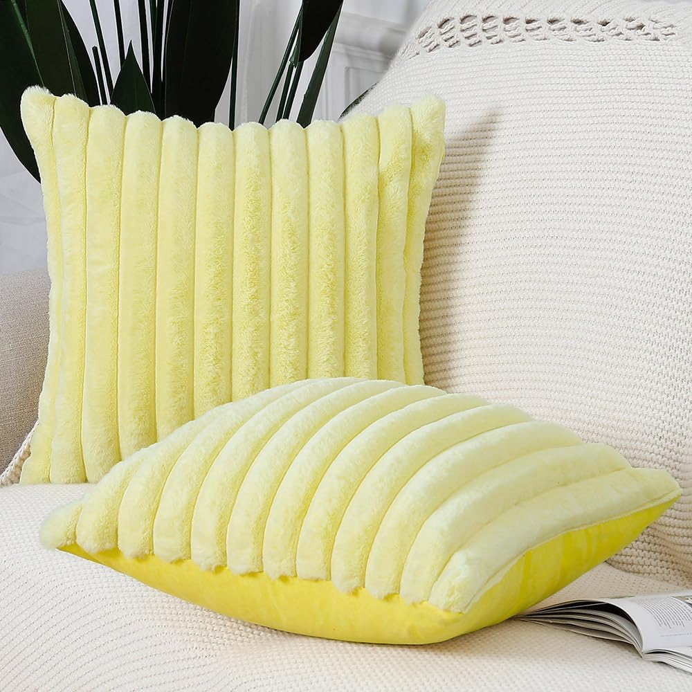 MADIZZ Set of 2 Faux Wool Plush Decorative Throw Pillow Covers 16x16 Inch Yellow Fluffy Striped Soft Decorative Cushion Cover for Sofa Bedroom Pillow Shell