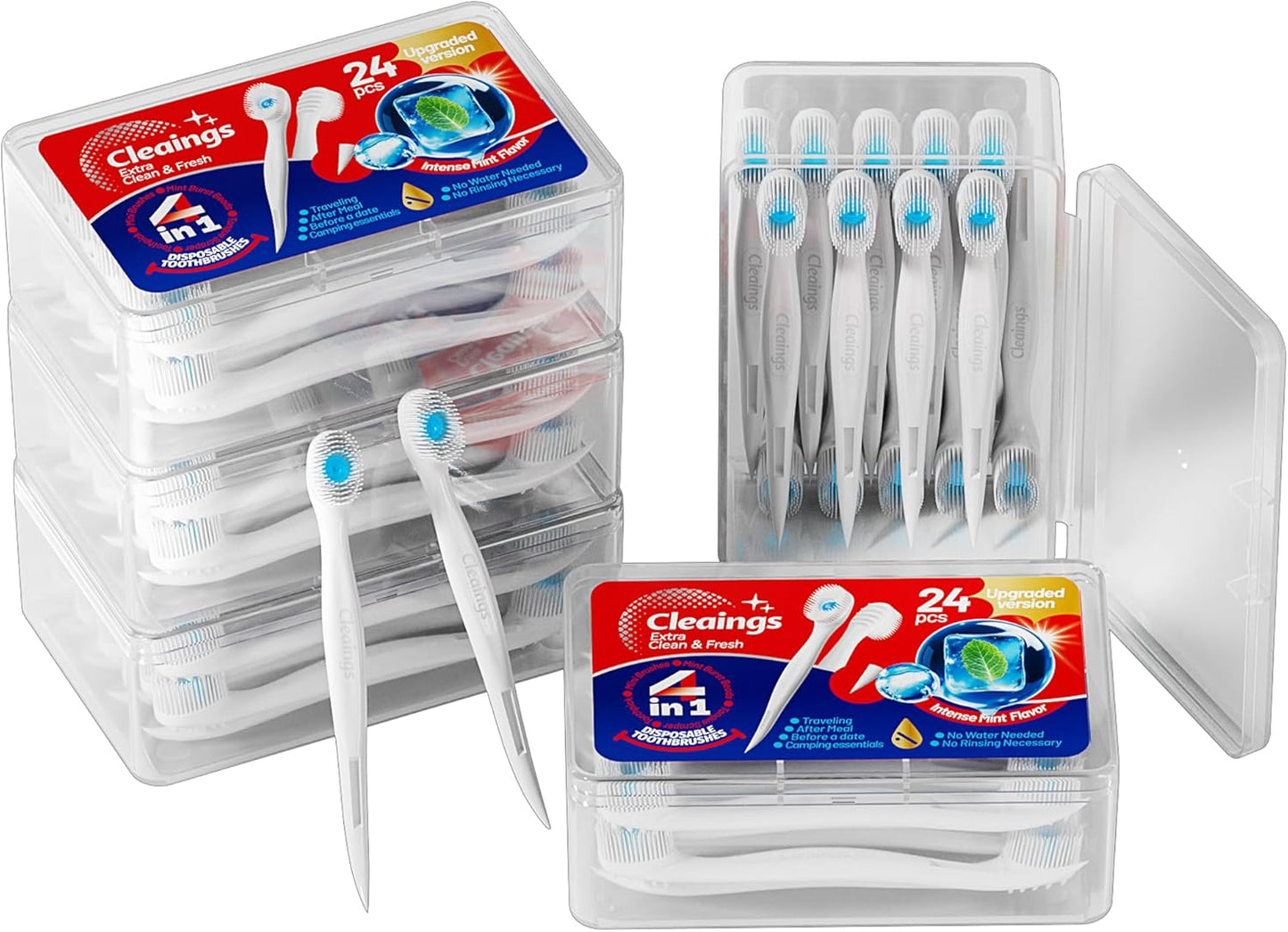 cleaings® Mini Disposable Toothbrush Set with Toothpaste – Travel Essentials, Portable Toothbrush for Women & Men, Camping, Road Trip, Vacation, 24 Count-Intense Mint Flavor（Pack of 5）