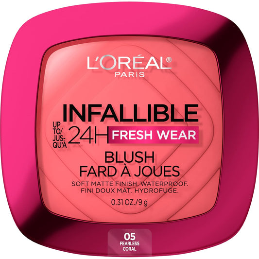 L'Oreal Paris Infallible Up to 24H Fresh Wear Soft Matte Blush, Blendable, Long-Lasting and Waterproof Cheek Make Up, Fearless Coral 05, 0.31 Oz