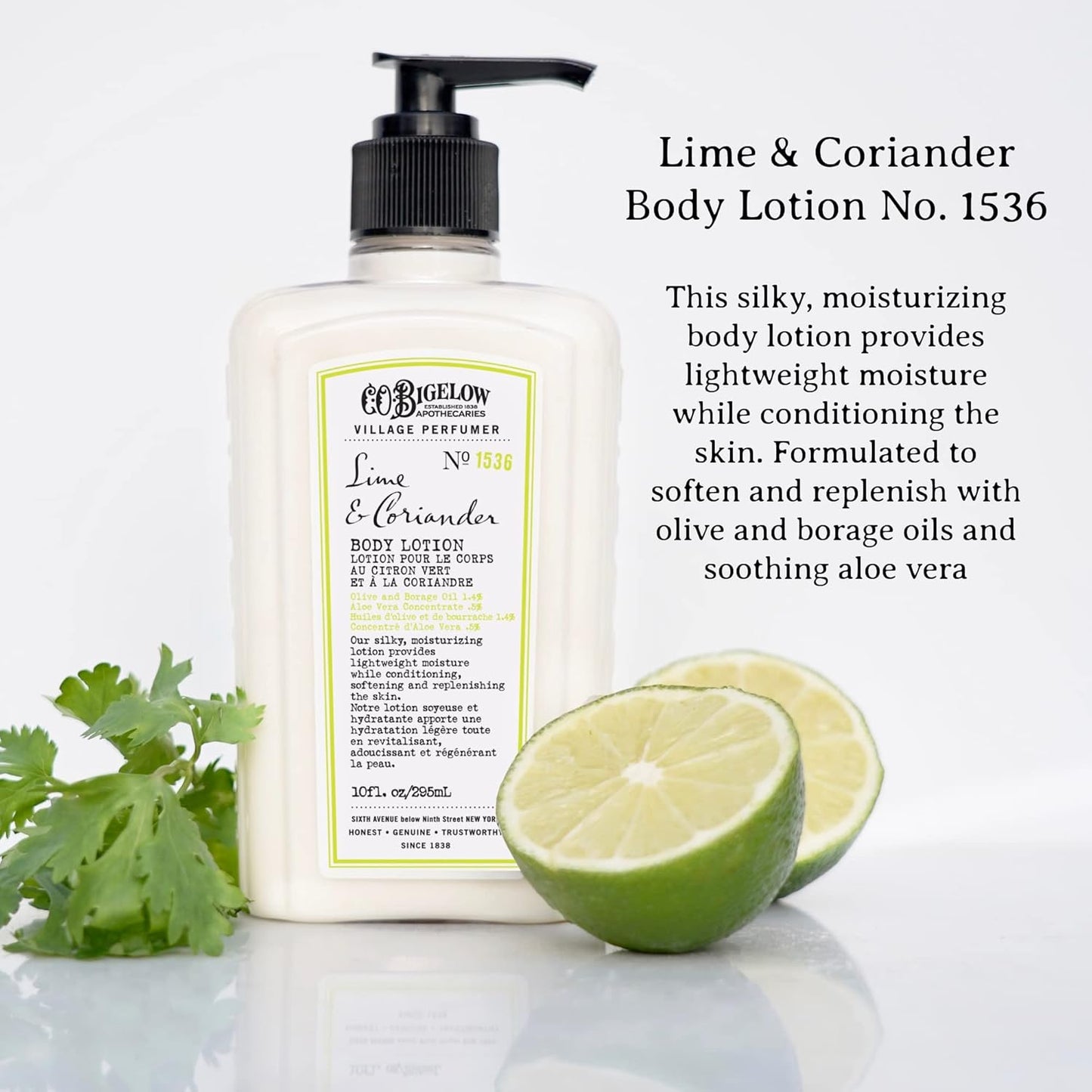 C.O. Bigelow Lime Coriander Body Lotion, Village Perfumer Moisturizing Body Lotion with Aloe Vera, Borage Oil & Olive Oil, 10 Fl Oz