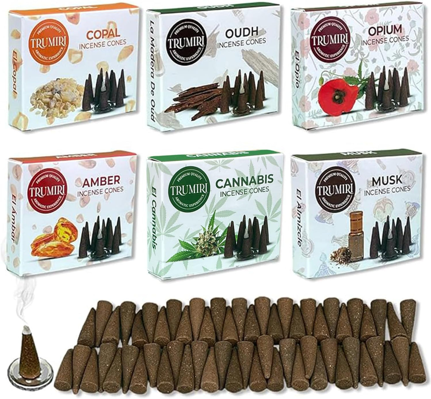 TRUMIRI Exotic Incense Cones - Variety Pack - Total 60 Cone Incense (6 Scents x 10 Conos) - Copal, Oud, Musk, Amber - Cone Incense Scents - Insense Cones - Incent Cone