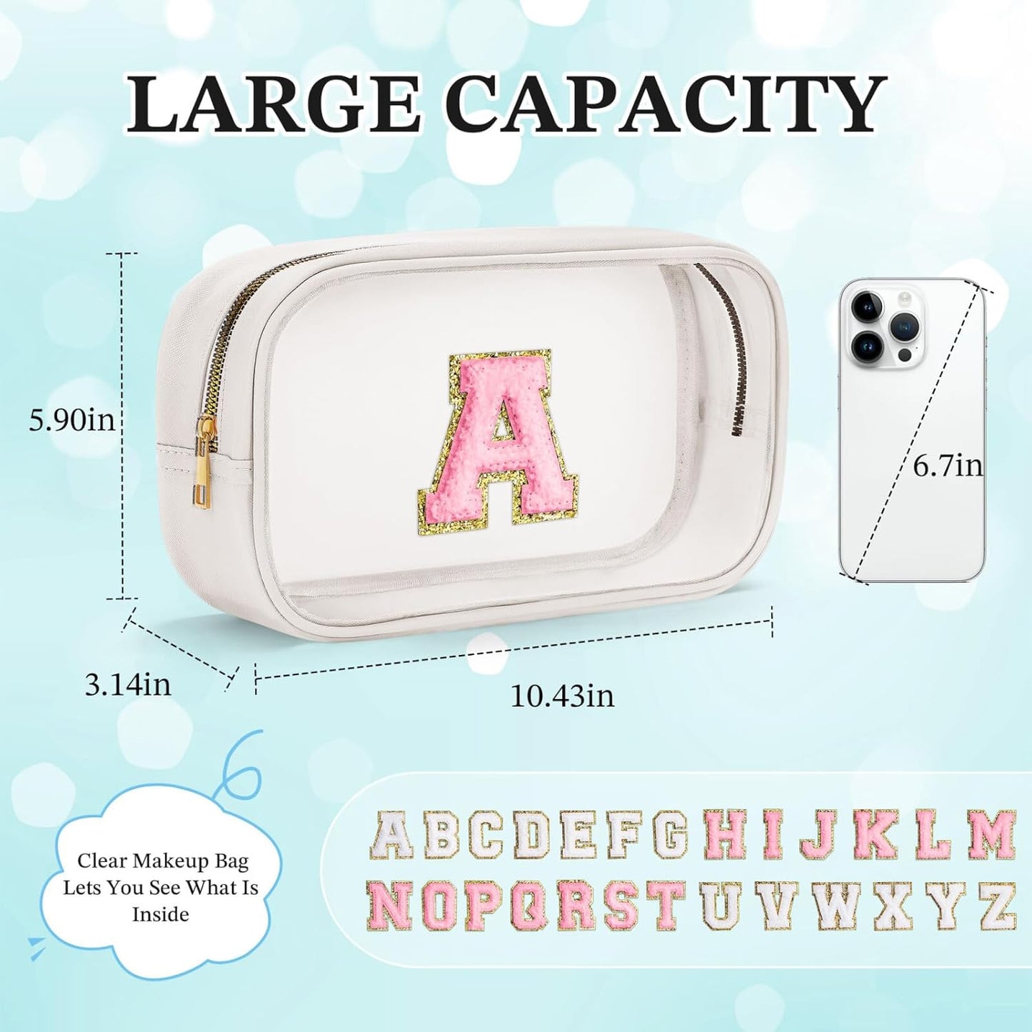 YOOLIFE Initial Make Up Bag Travel Toiletry Bag, Clear Makeup Bag Preppy Cosmetic Bag Clear Makeup Bags With Zipper Girlfriend Teacher 6 Year Old Girl Gifts Daughter Gifts Swim Gifts For Girls White P