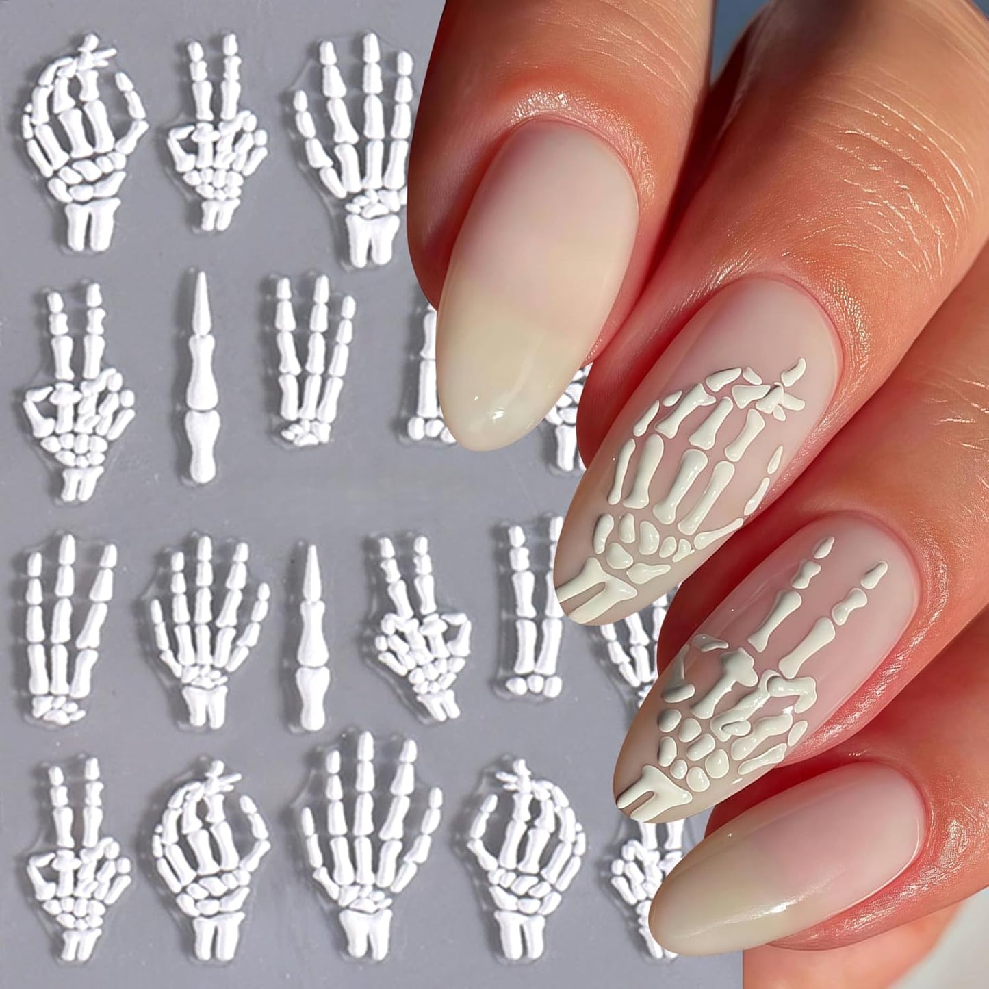 3 Sheets 5D Embossed Skull Nail Stickers for Nail Art Skeleton Nail Decals White Hand Bones Finger Skeleton Halloween Nail Art Supplies Gothic Nail Sticker for Women Halloween Nails Tips Decoration