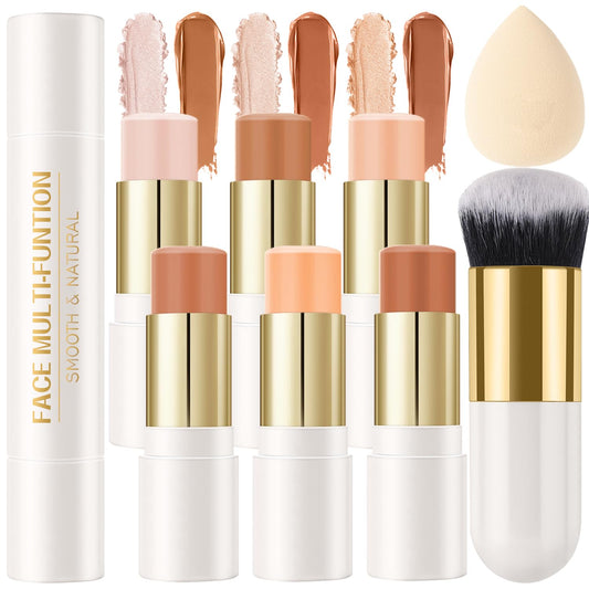 6 Colors Cream Contour Stick Makeup Kit, Shades with Highlighter Stick, Blush Stick and Double-End Bronzer Stick for Sculpt the Cheeks, Waterproof,Dewy & Matte Finish for Beginners (6 COLORS SET C)