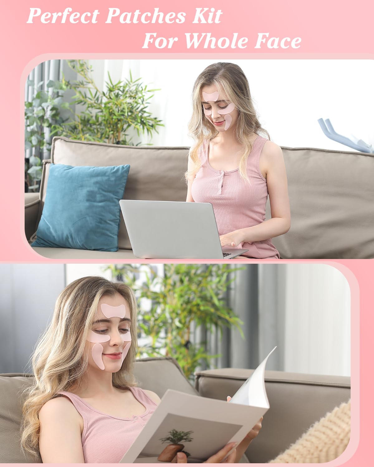 Reusable Eye Patches for Wrinkles Under Eye Patches Silicone Remove Forehead Wrinkles Smile Line Patches Kit (Pink)