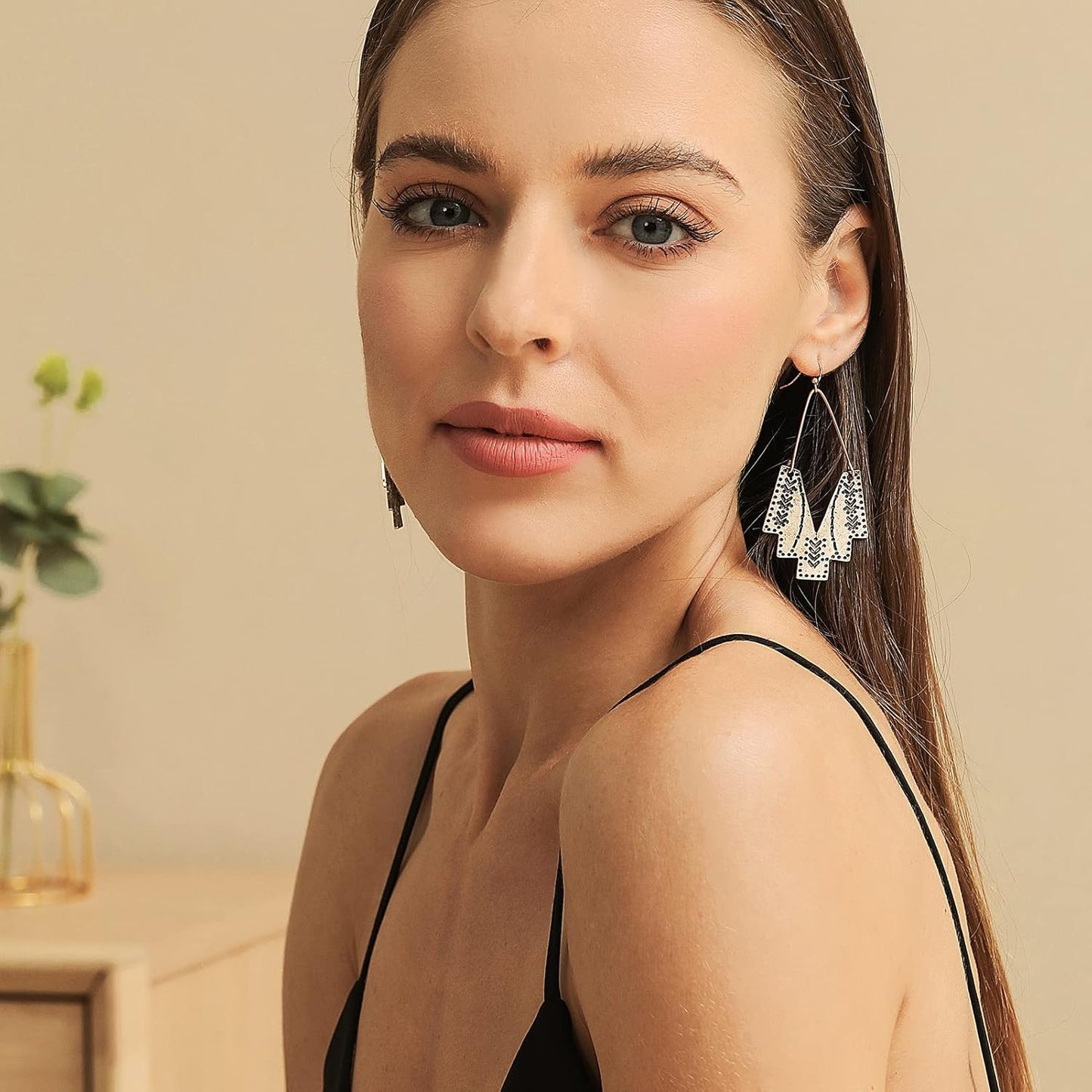 Zealmer Gold Geometric Earrings Statement Vintage Boho Ethnic Earrings Hollow Out Fan Shape Dangle Drop Earrings for Women Birthday Christmas Valentines Day Gift