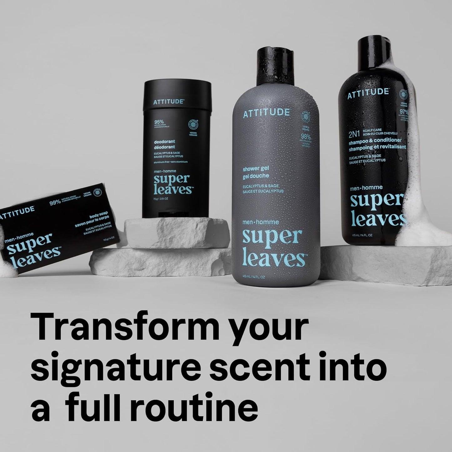 ATTITUDE Men's Shampoo and Conditioner 2-in-1, Scalp Care for Build Up & Oily Hair, 97% Natural Origin Ingredients, EWG Verified, Eucalyptus & Sage, 14 Fl Oz (Pack of 3)