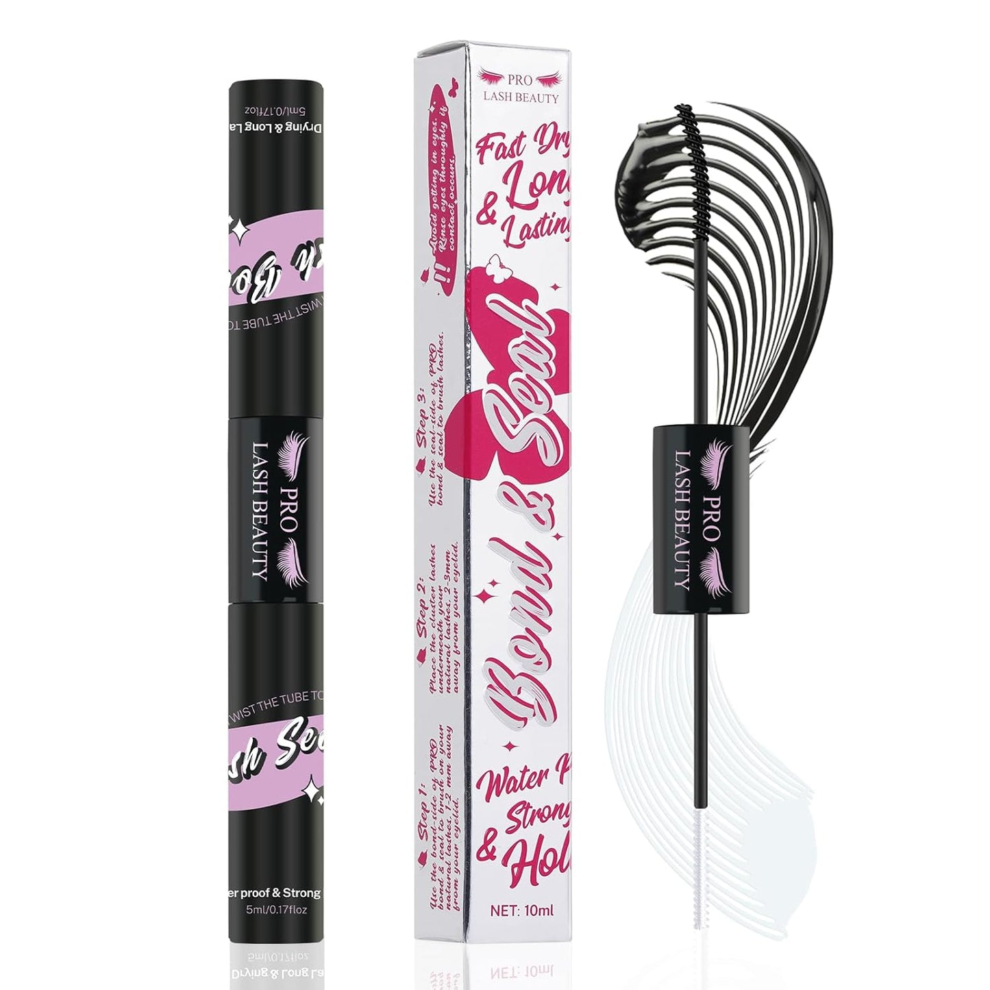 Lash Bond and Seal Cluster Lash Glue & Seal Waterproof Cluster Lash Glue for DIY Eyelash Extensions Waterproof Strong Hold (10ml, Black Bond & Clear Seal)