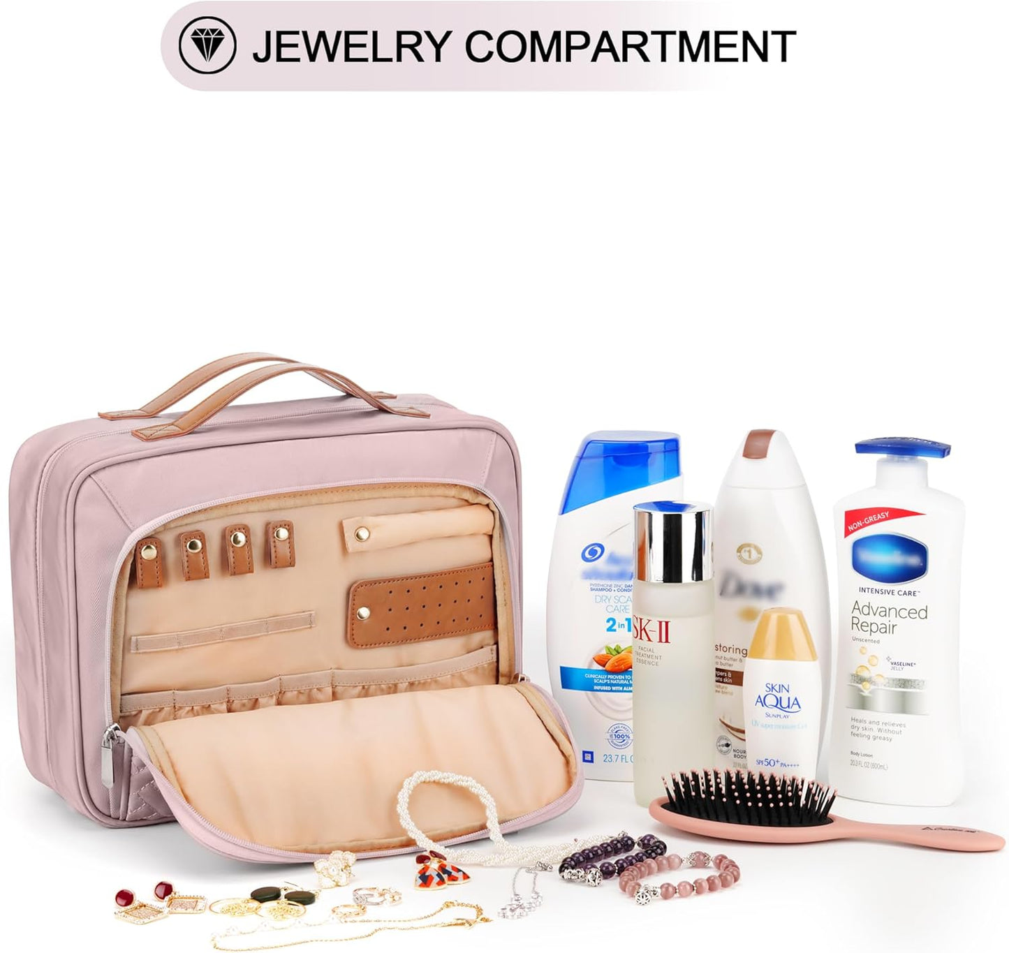 Travel Hanging Toiletry Bag for Women, Extra Large Makeup Bag, Holds Full-Size Shampoo, with Jewelry Organizer Compartment, Waterproof Cosmetic Bag, Toiletries Kit Set with Trolley Belt, Baby Pink