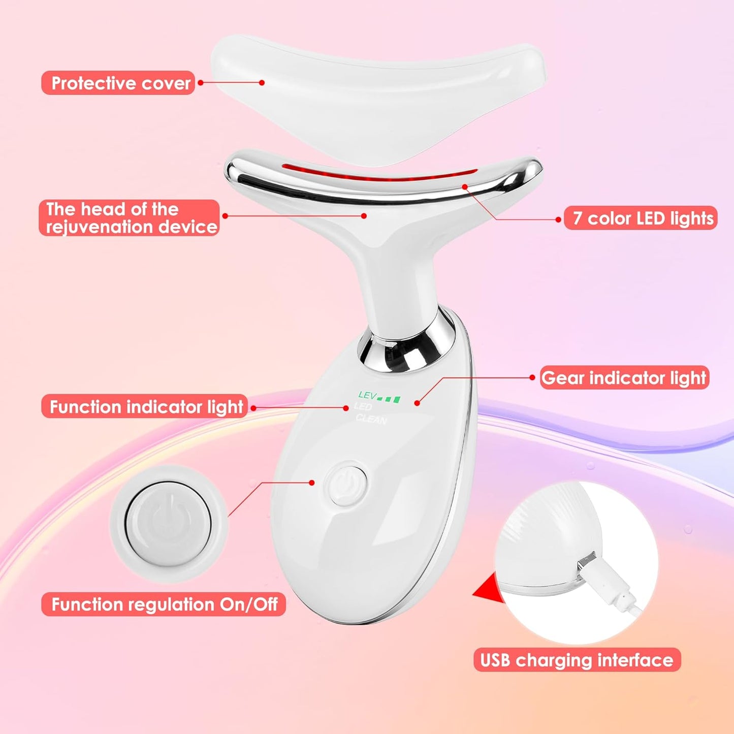 Facial Massager Red-Light-Therapy-for-Face and Neck, Face 𝖲 culpting Wand with 7 Color (White)
