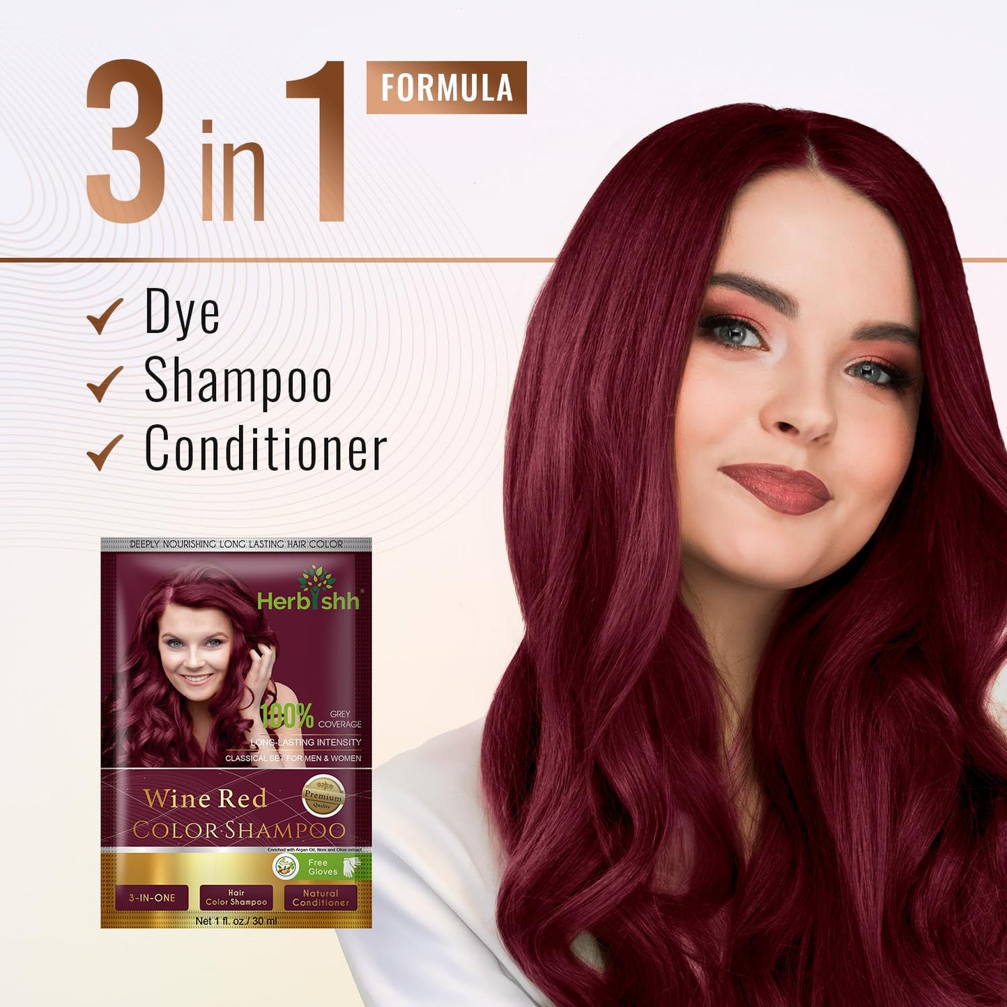 Herbishh Hair Color Shampoo – Natural Dye for Gray Hair, with Argan Mask, Travel Size, Long-Lasting Tint in Minutes, 10+1 Pack, Ammonia-Free (Wine Red)