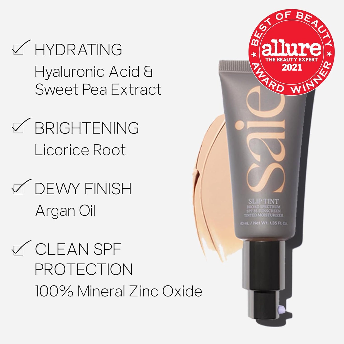 Saie Slip Tint SPF 35 Tinted Moisturizer - Light Coverage Moisturizer + Broad Spectrum Zinc Oxide Sunscreen with Hydrating Hyaluronic Acid - Shade Nine (1.35 oz)
