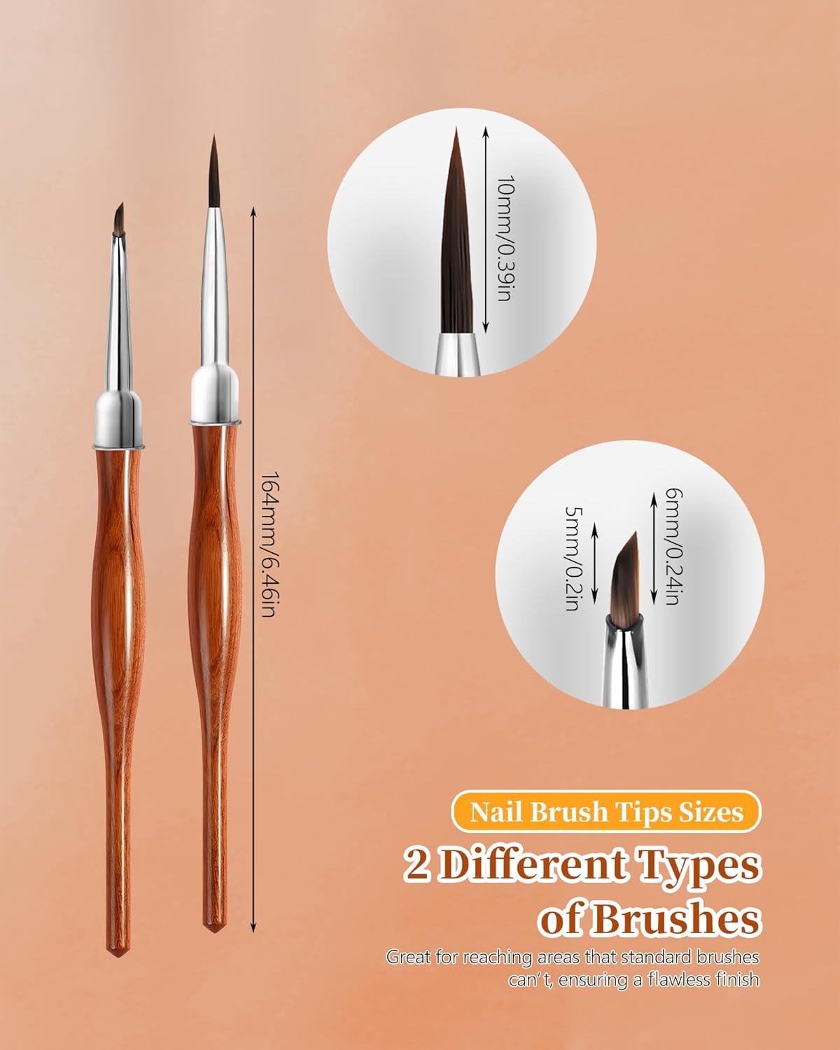 2Pcs Nail Art Brush Set, Multi-Functional 3D Nail Pen for Gel Extensions, Builder Nail Gel Design and Home DIY Manicure (Wood Color)