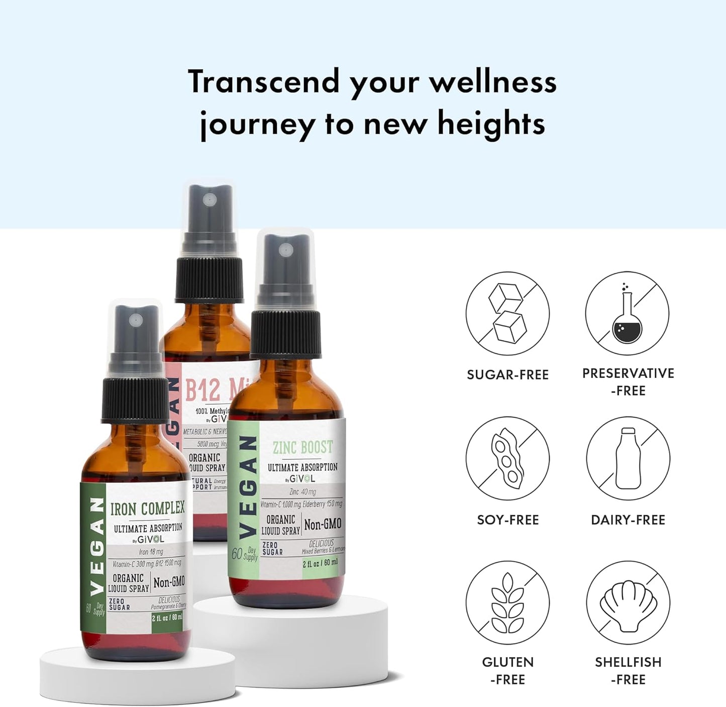 Iron Support Spray Bundle Liquid Vitamin B12 Methylcobalamin, Zinc Picolinate, and Bisglycinate | Non-GMO, Gluten-Free, Sugar-Free Iron Supplement | 2 Fl Oz Each | 360 Days Supply