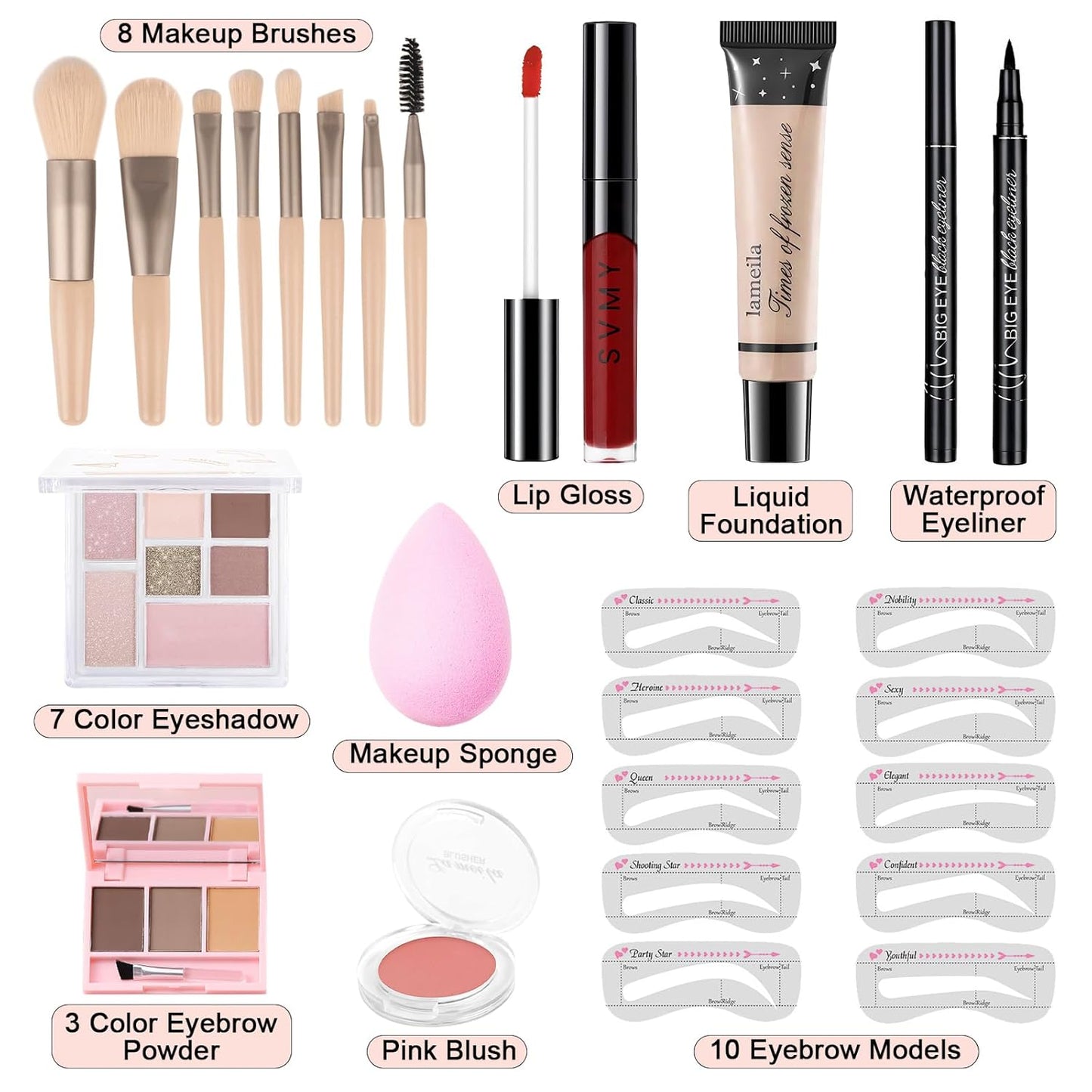Makeup Kit for Teens Girls, Makeup Present Set for Women, Makeup Full Kit for Beginners, Mini Makeup Bundle Include 7 Pink colors Matte & Shimmer Pigmented Eyeshadow Palette, Eyebrow Powder