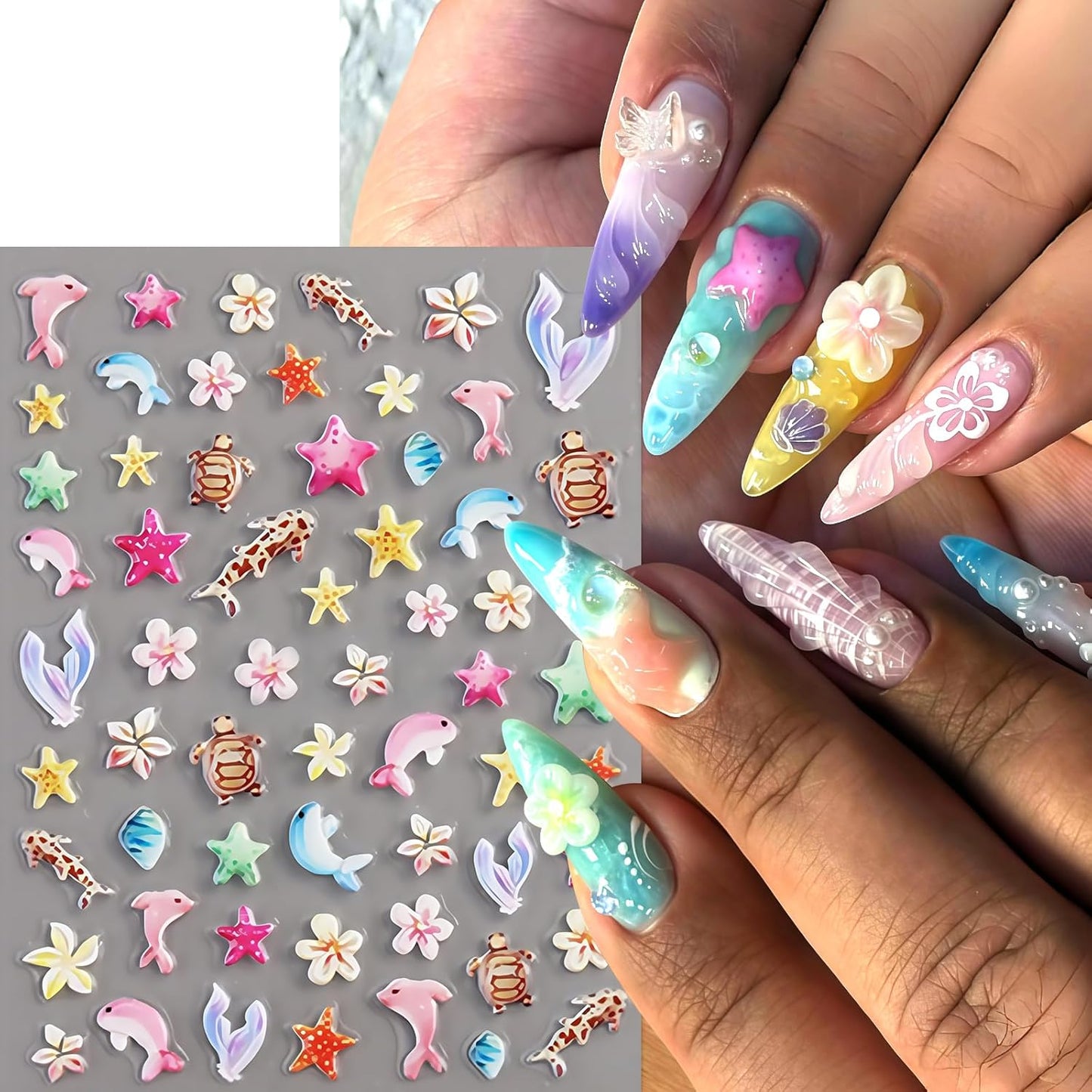 2Sheets Ocean Life 5D Embossed Nail Art Stickers Decals Dolphin Conch Seashell Nail Stickers Self-Adhesive Flowers Turtles Corals Nail Designs Sea Creature Nails Supplies for Women Nails Decoration