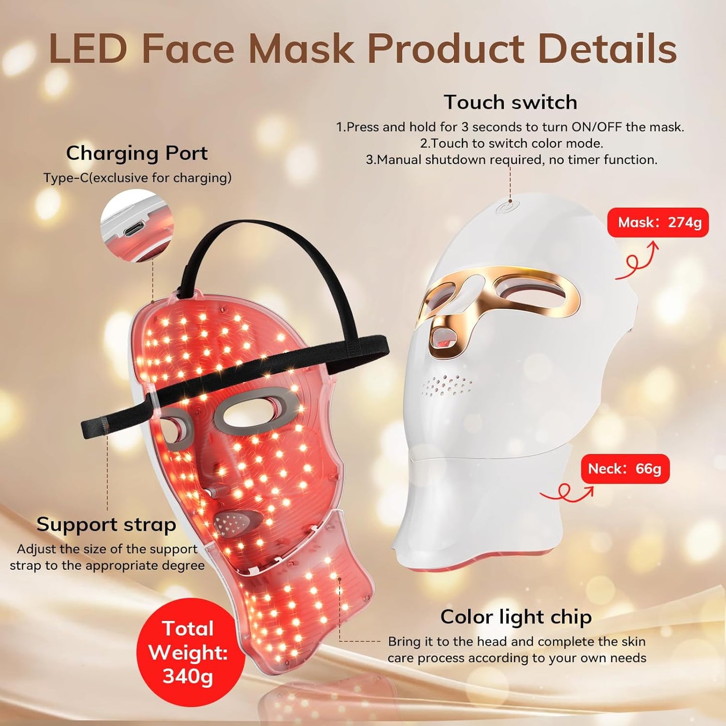Red Light Therapy Mask for Face,Cordless 120 LED Face Mask Light Therapy with Neck Device,USB C Rechargeable,Infrared Light Therapy Mask for Home Working Travel Yoga Sleep