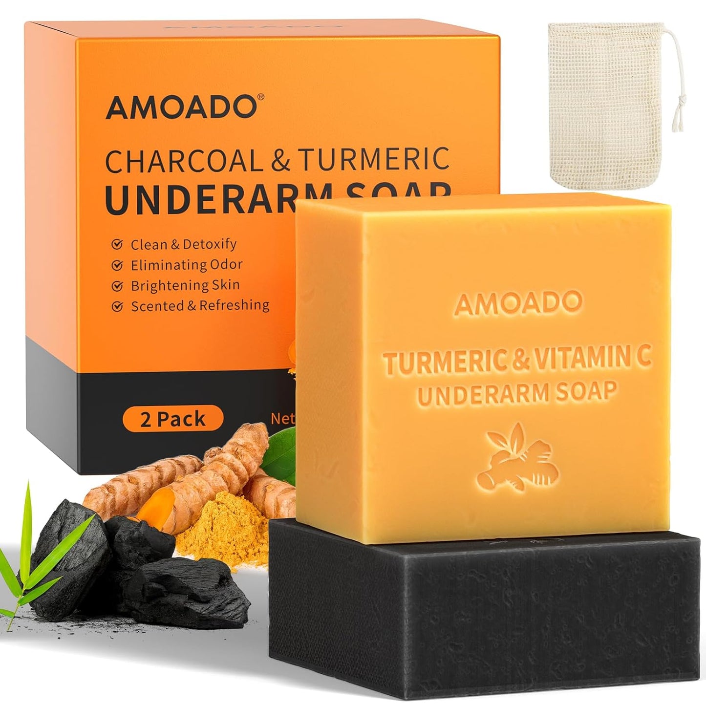 Armpit Detox Soap Set, Underarm Brightening Deodorant Soaps for Dark Armpit Remover, Eliminate Odor, Natural Turmeric Bar with VC, Charcoal Soap with Mint - included Sisal Mesh Bag
