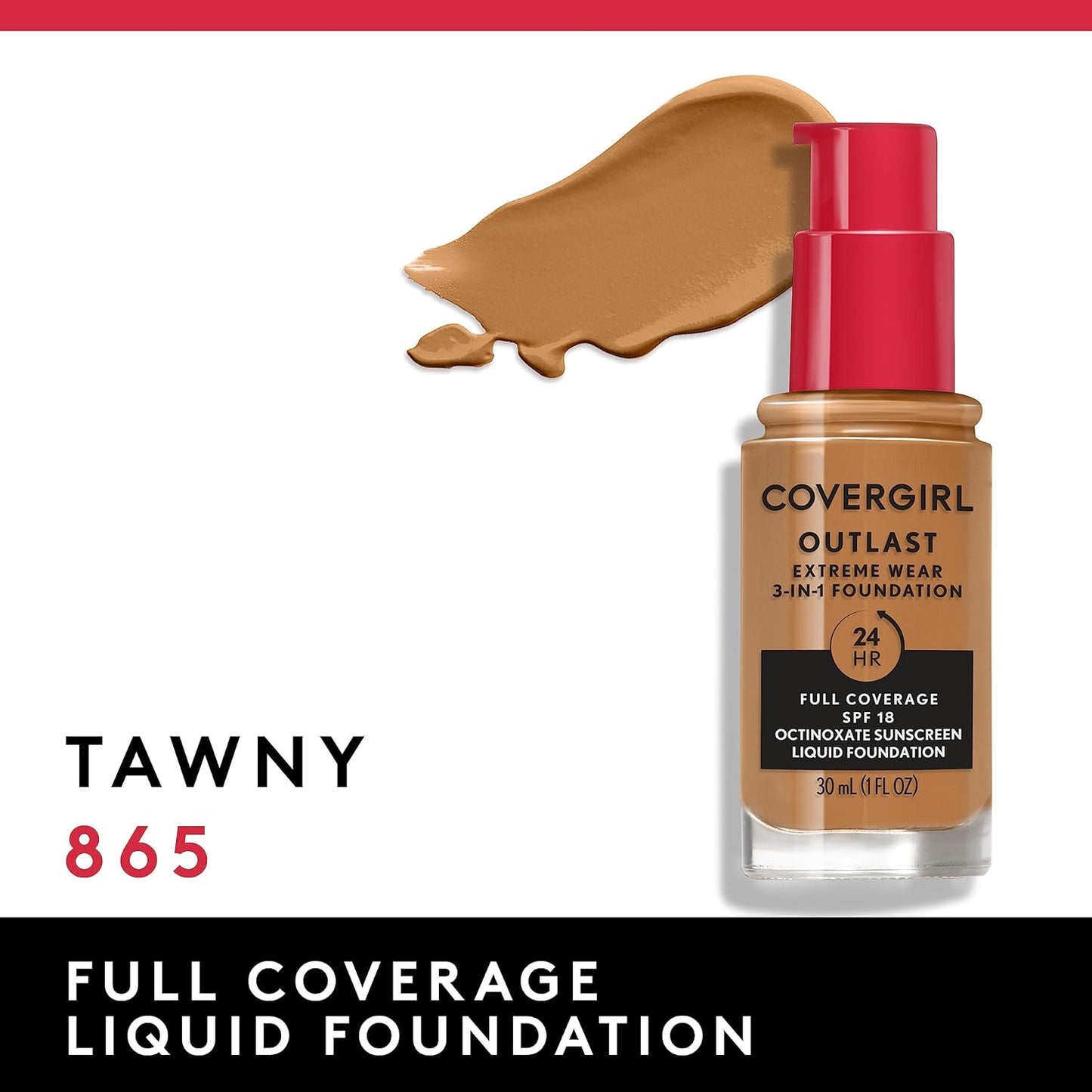 Covergirl Outlast Extreme Wear 3-in-1 Full Coverage Liquid Foundation, SPF 18 Sunscreen, Tawny, 1 Fl. Oz.