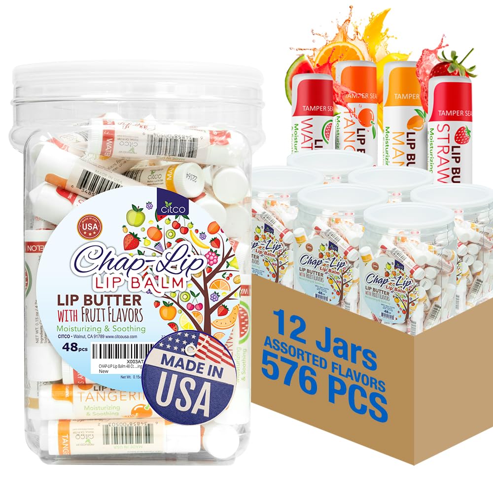 CHAP-LIP Original Lip Balm Hydrating Bulk Chap Stick with Fruit Flavors, Coconut Oil, Cocoa Butter - Christmas Gift Stocking Stuffers Lip Therapy Pack for Men and Women - Made in USA, 48 Pack x 12 Box
