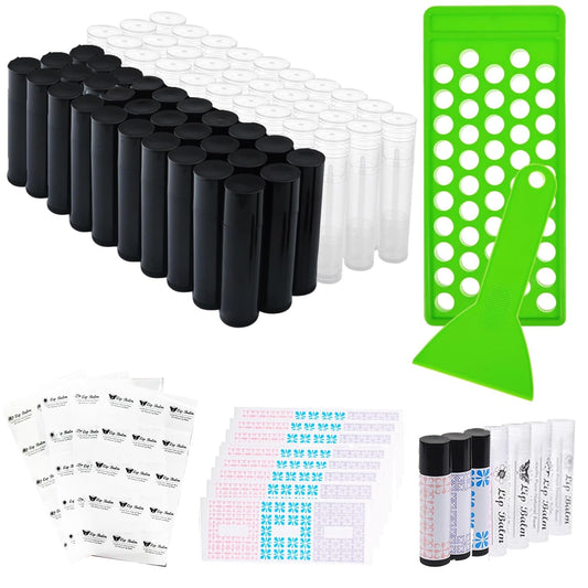 Lip Balm Tubes with Filling Tray and Spatula, 60 Empty Lip Balms Containers with Caps (Clear+Black), 60 Writeable and 60 Printed Stickers, BPA Free, Make Natural Lip Balm Kit for DIY