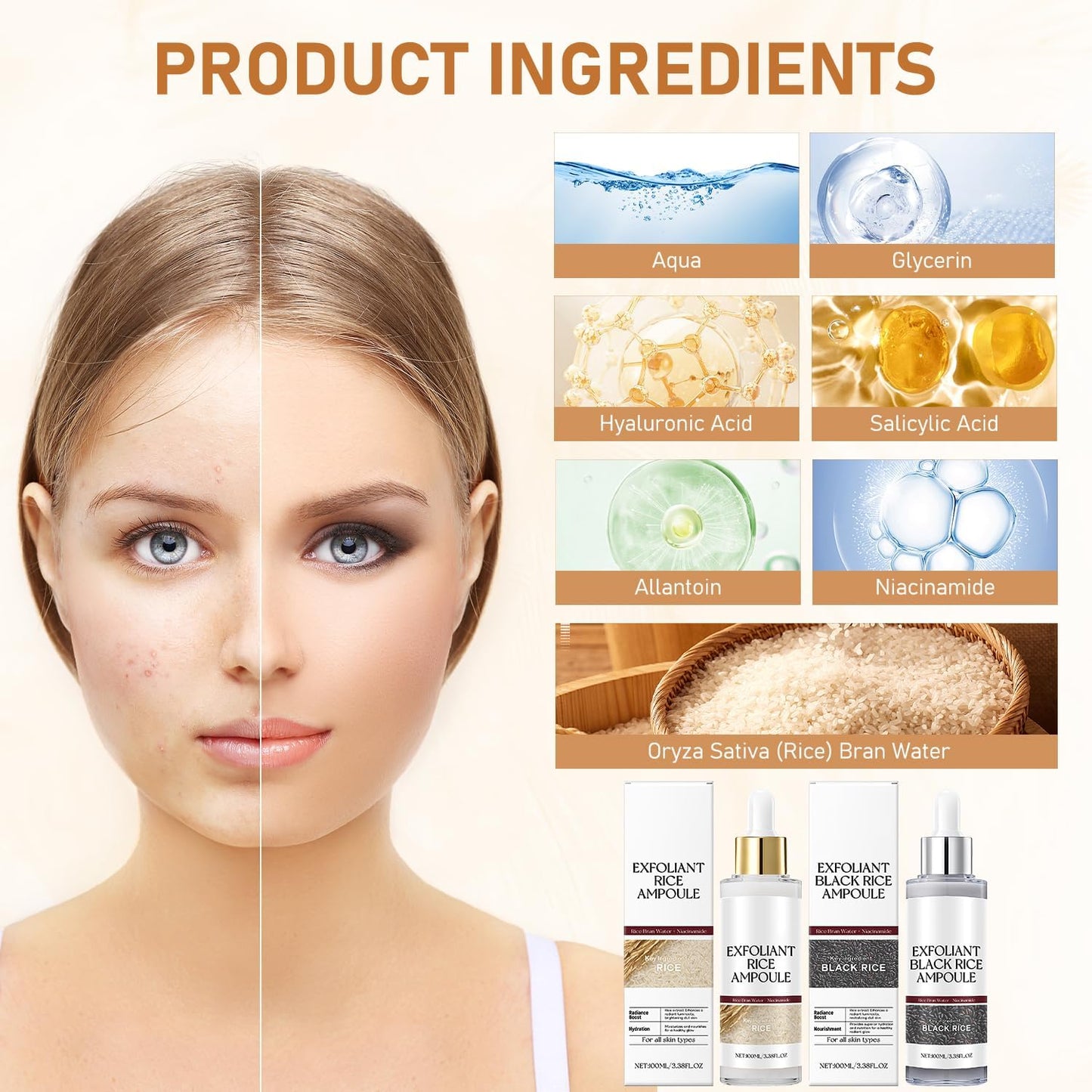 Rice Exfoliant Ampoule Duo, Black and White Face Peeling Solution, Moisturizing Pore Minimizer, 2-Pack, 100ml