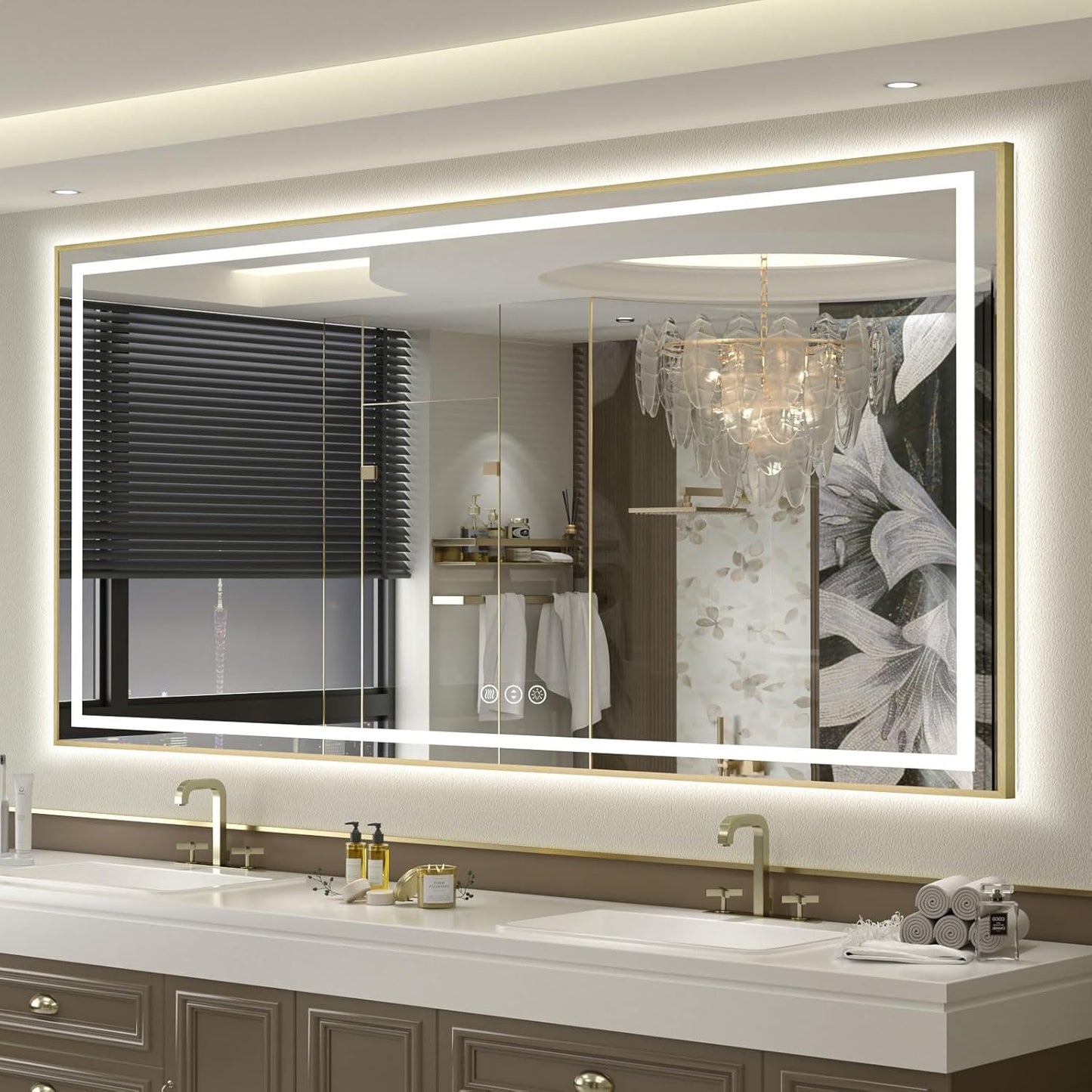 OKPAL 72x40 LED Bathroom Mirror Gold Metal Framed Front & Back Light, Lighted Bathroom Mirror with Lights, Anti-Fog, Dimmable, 3 Colors, Shatterproof, ETL Listed, Horizontal/Vertical