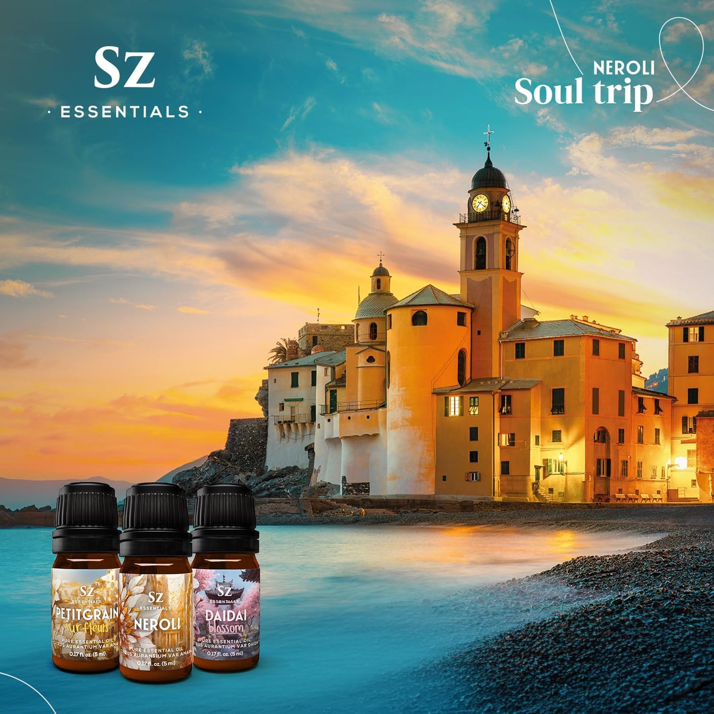 Neroli Soul Trip Essential Oils Collection- Neroli + Petitgrain Sur Fleurs + Dai Dai Blossom -Set of 3 Bottles (0.17 Fl Oz- 5ml each)- 100% Pure & Undiluted - Therapeutic Grade & Vegan