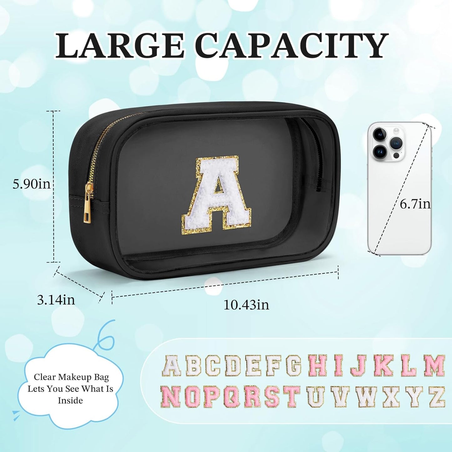 YOOLIFE Travel Toiletry Bag for Women, Black Clear Makeup Bag Cute Make Up Bag for Women Cosmetic Bags Skin Care Makeup Bag Organizer Birthday Gifts for Women Teacher Mother Girlfriend Initial D