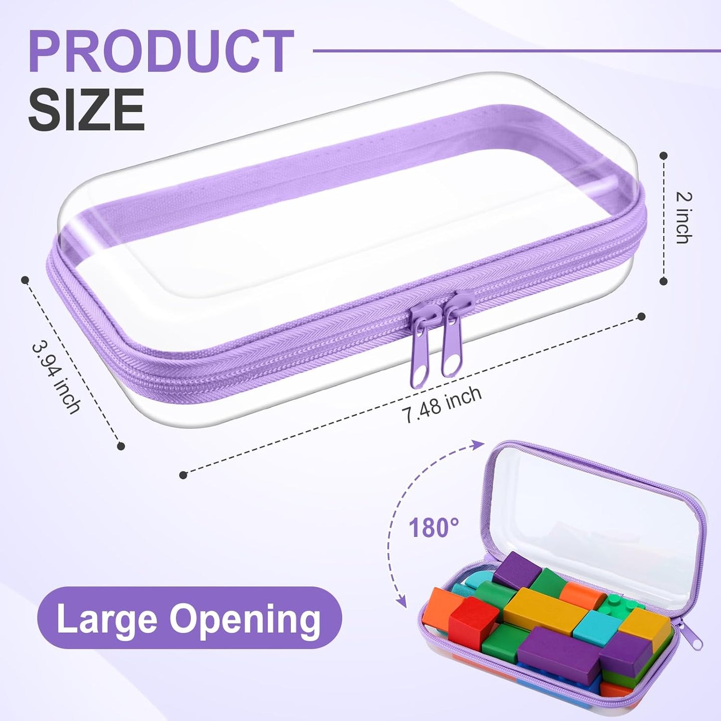 Hoolerry 4 Pcs Hard Clear Zipper Case Makeup Bags Plastic Pencil Pouch Transparent Storage Box Containers for Cosmetics, Snacks, Building Blocks, Puzzles(Purple,7.5 x 3.9 x 2 in)