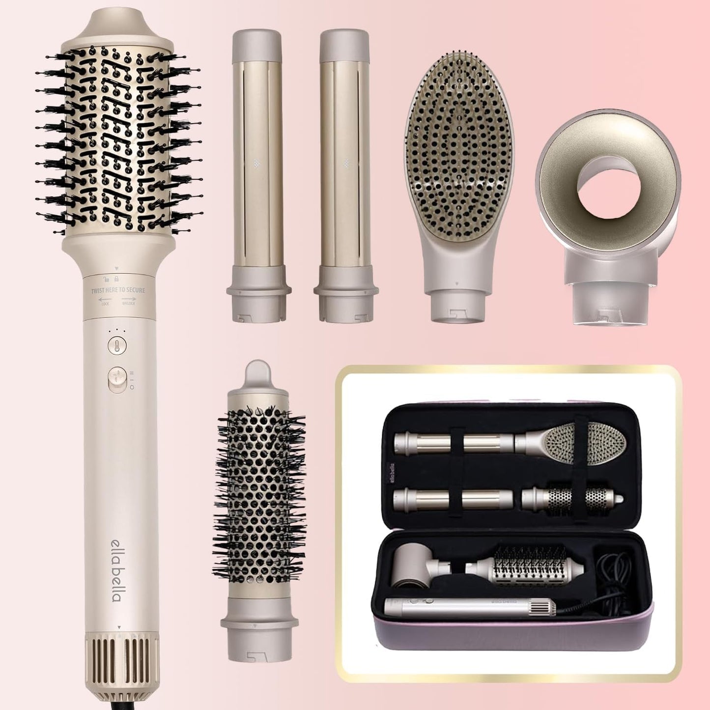 ELLA BELLA® 6 in 1 Professional Hot Air Styler • Powerful Hair Dryer & Straightener Set • Styling Without Heat Damage • Fast Drying Curling Volumizing Straightening • Includes Protective Travel Case