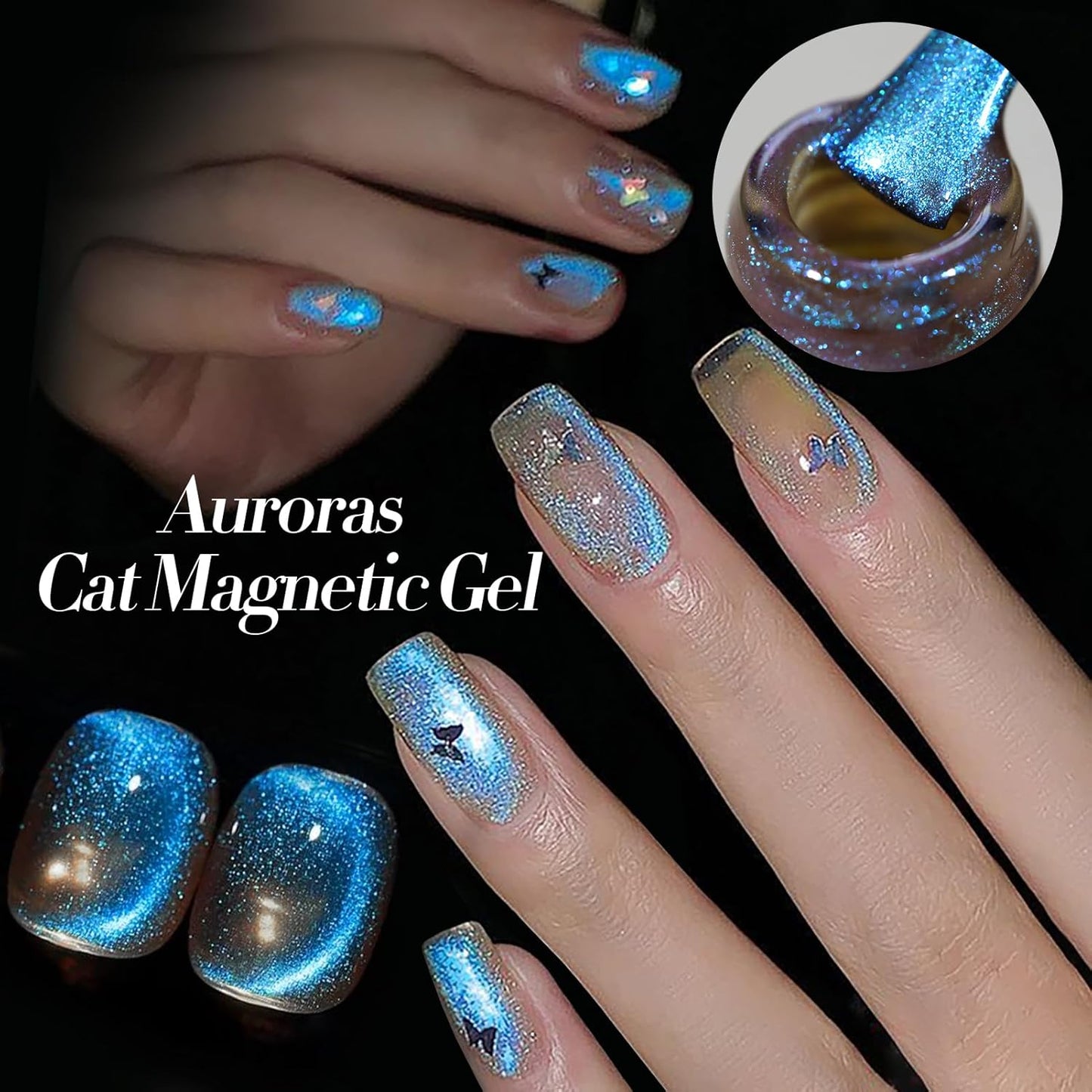 Born Pretty Cat Magnetic Eye Gel Nail Polish Aurora Mermaid Blue Purple Pink Yellow Red Gel Polish Glass Holographic Glitter Gel Nail Polish for Nail Art Manicure Salon DIY 6PCS 7ML