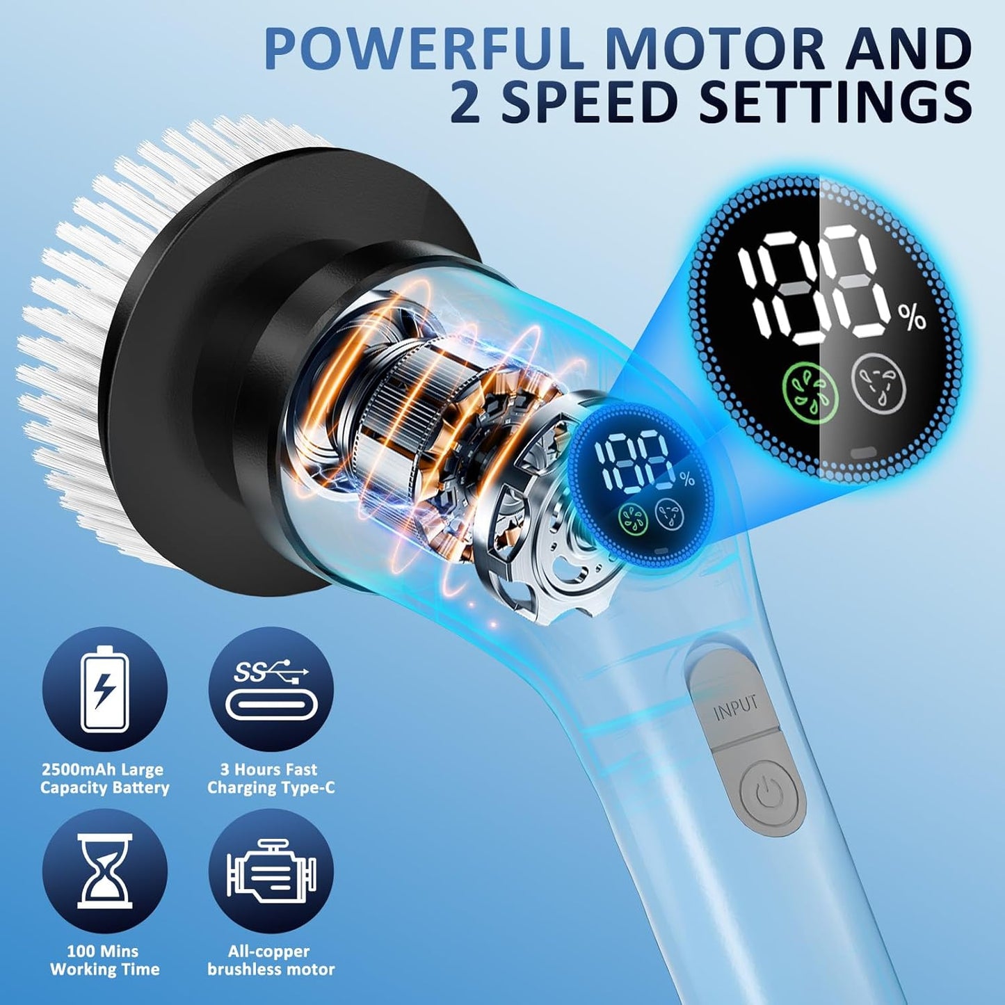 Electric Spin Scrubber Upgraded Battery with Extra-Long Runtime, IPX7 Waterproof Power Cleaner with 7 Brush Heads, 2 Speeds Adjustable Long Handle for Bathroom, Floor, Shower, Tile & Kitchen Cleaning