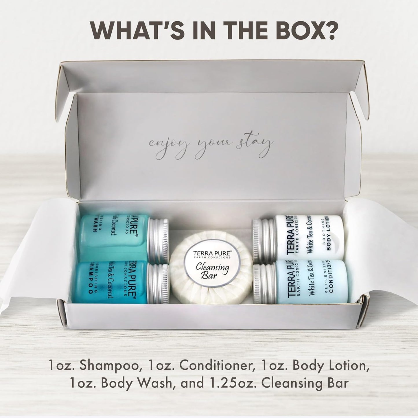 Terra Pure White Tea and Coconut Amenity Kit | Hotel Toiletries | 1oz Travel Size Shampoo, Conditioner, Lotion, Body Wash & Cleansing Bar for Guest Hospitality AirBnB/Vacation Rentals | 1 set/case