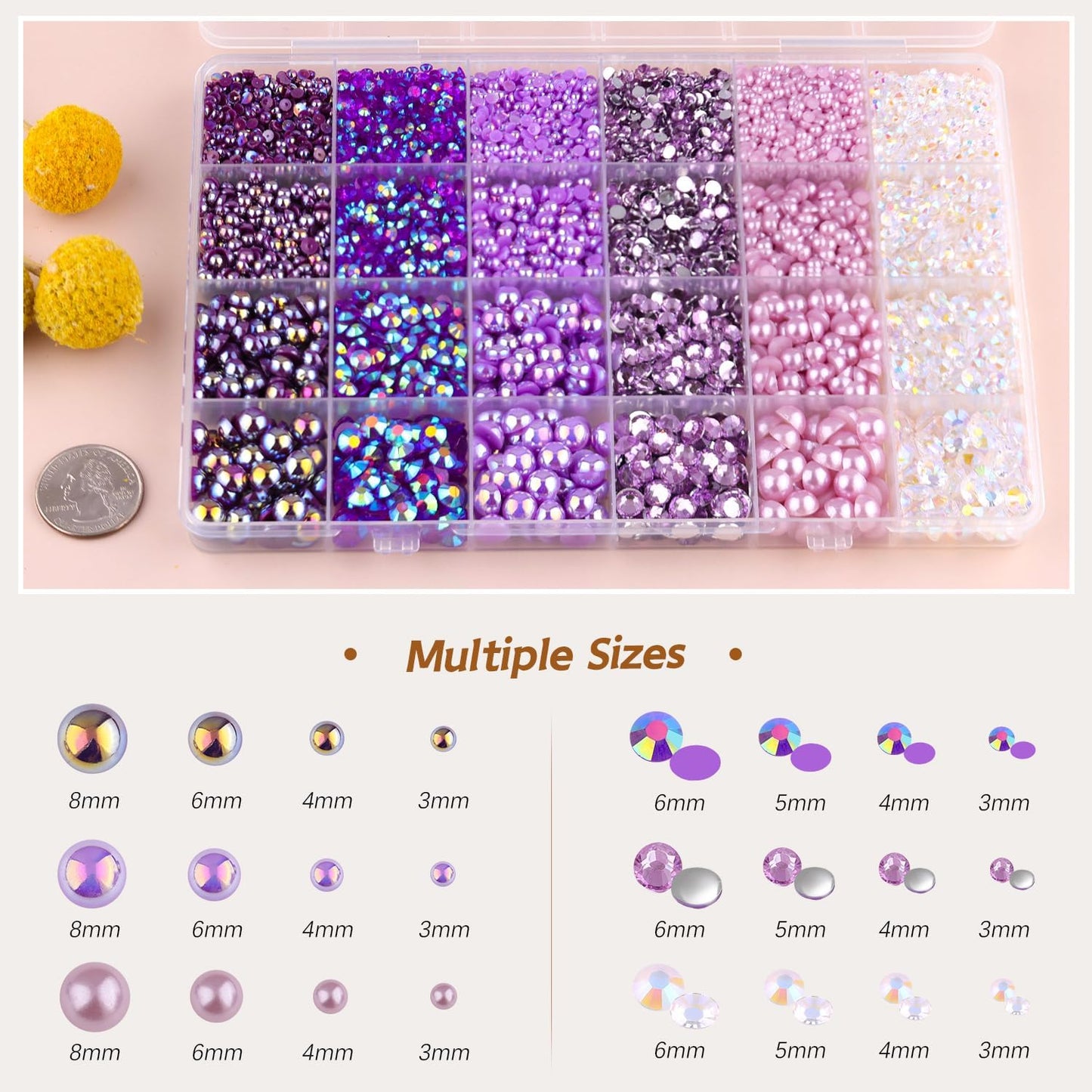9000PCS Flatback Pearls and Rhinestones for Crafting, Purple Mixed Size 3-10mm Resin Rhinestones and Half Pearls for Bedazzling, Nail Art and Decoration with Tweezer and Pickup Pencil