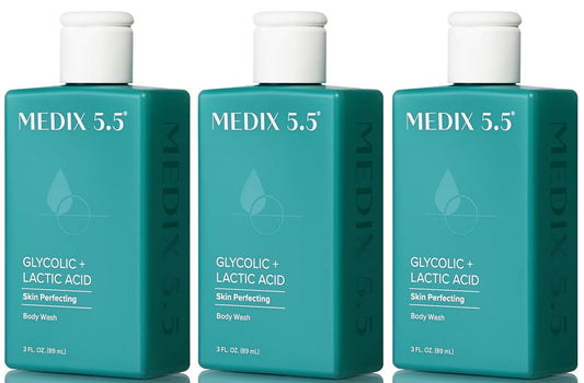 MEDIX Glycolic Acid + Lactic Acid Exfoliating Body Wash Gel | KP Bump Eraser | AHA Exfoliant Skin Care Body Cleanser | Keratosis Pilaris & Acne | Foaming Face Wash, 3 Fl Oz Travel Size, 3-Pack