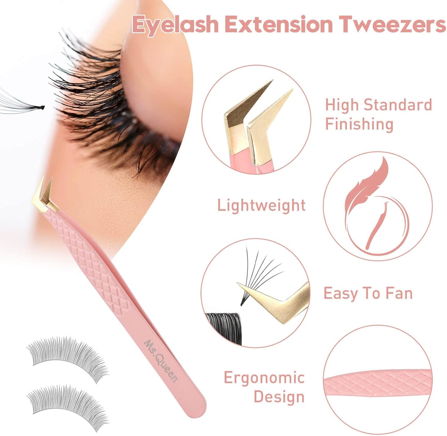 Ms.Queen Fiber Tip Lash Tweezers,Diamond Grip L-Shape Volume Boot Tweezers for Mega Volume Mink Lashes Make Fans