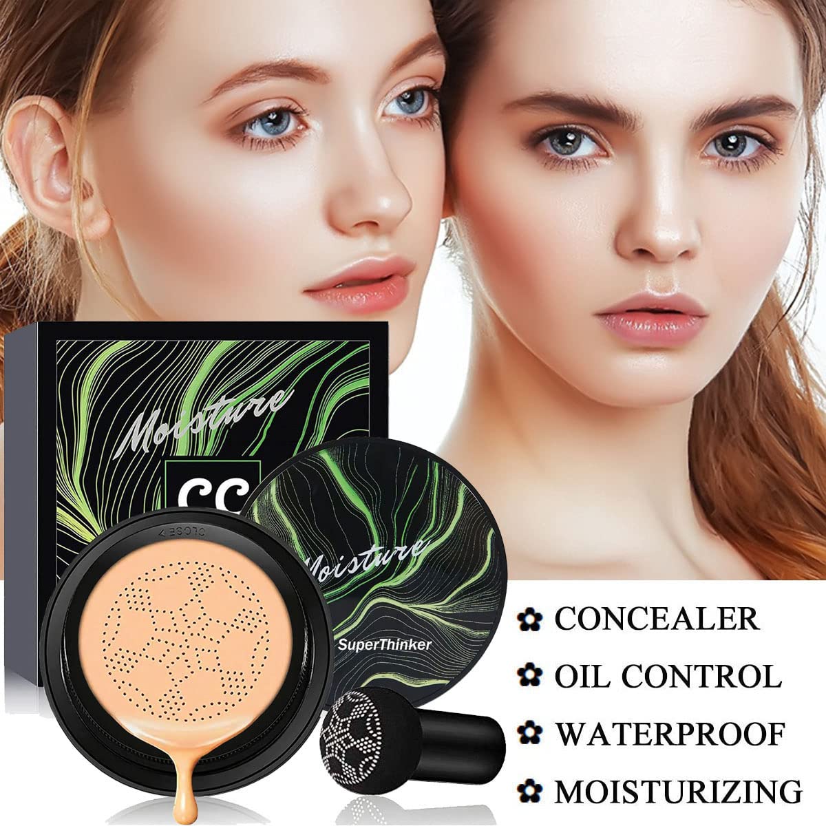 Air Cushion CC Cream Mushroom Head Cushion Foundation, BB Cream Face Makeup for Mature Skin Moisturizing Concealer Brighten Long-Lasting, Even Skin Tone for All Skin Types (Buff Beige)