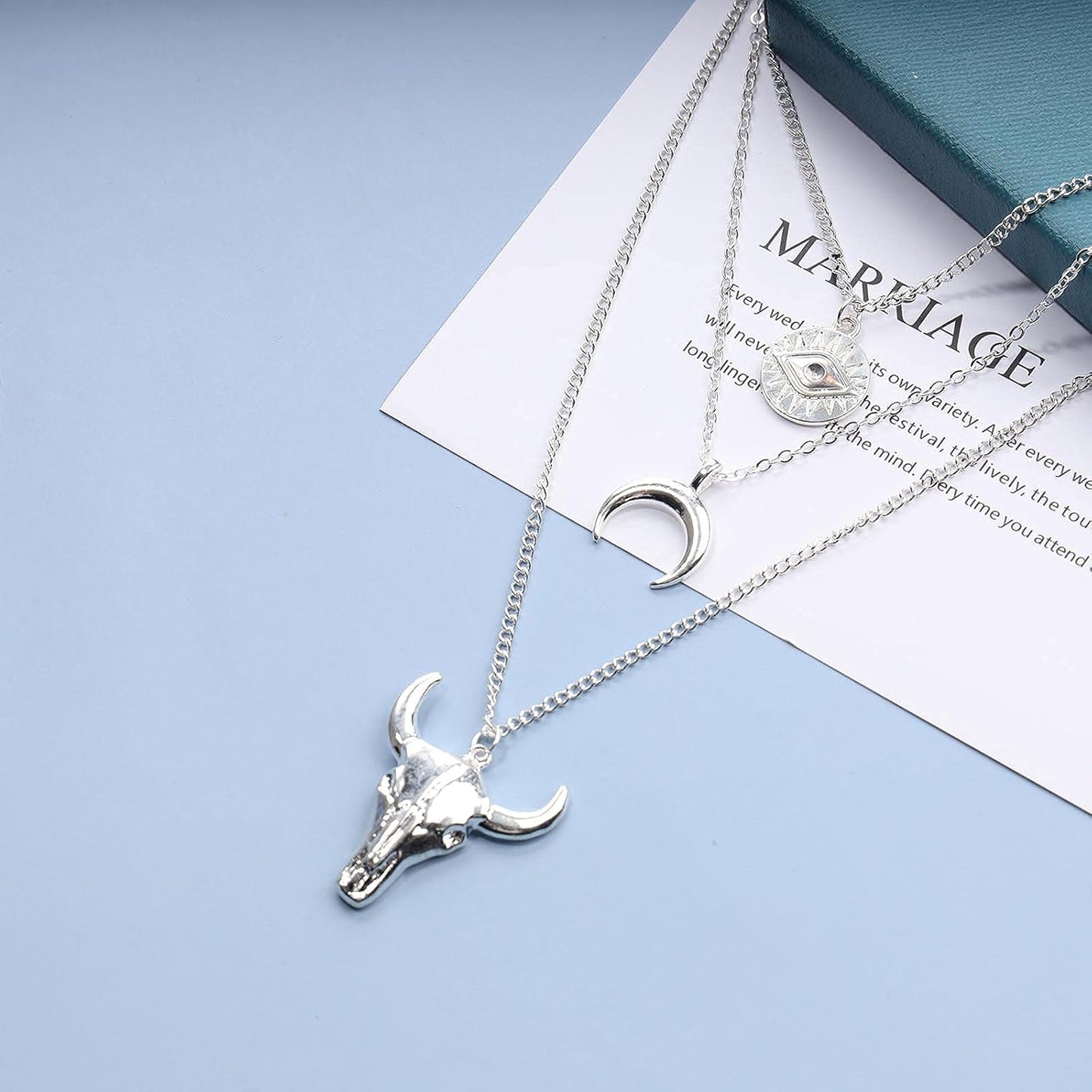 Boho Layered Moon Necklace Silver Compass Disc Pendant Necklace Chain Cow Evil Eye Charm Necklace Jewelry for Women