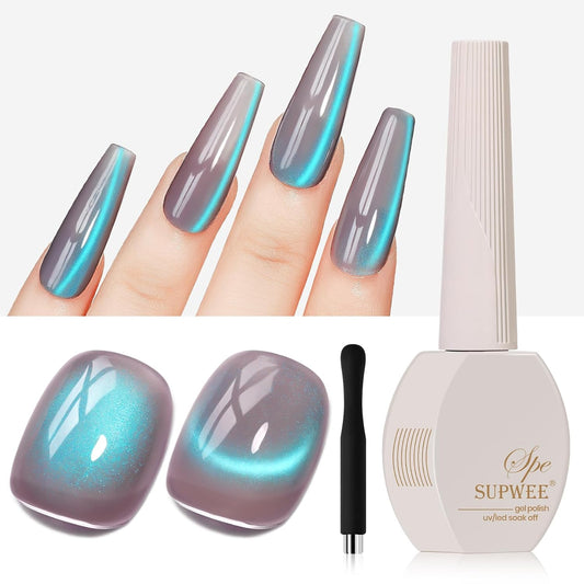 Cat Eye Gel Nail Polish, 15ML Jelly Glass Blue CatEye Effect with Magnetic Stick Shimmer Glitter Effect Soak Off Salon DIY at Home
