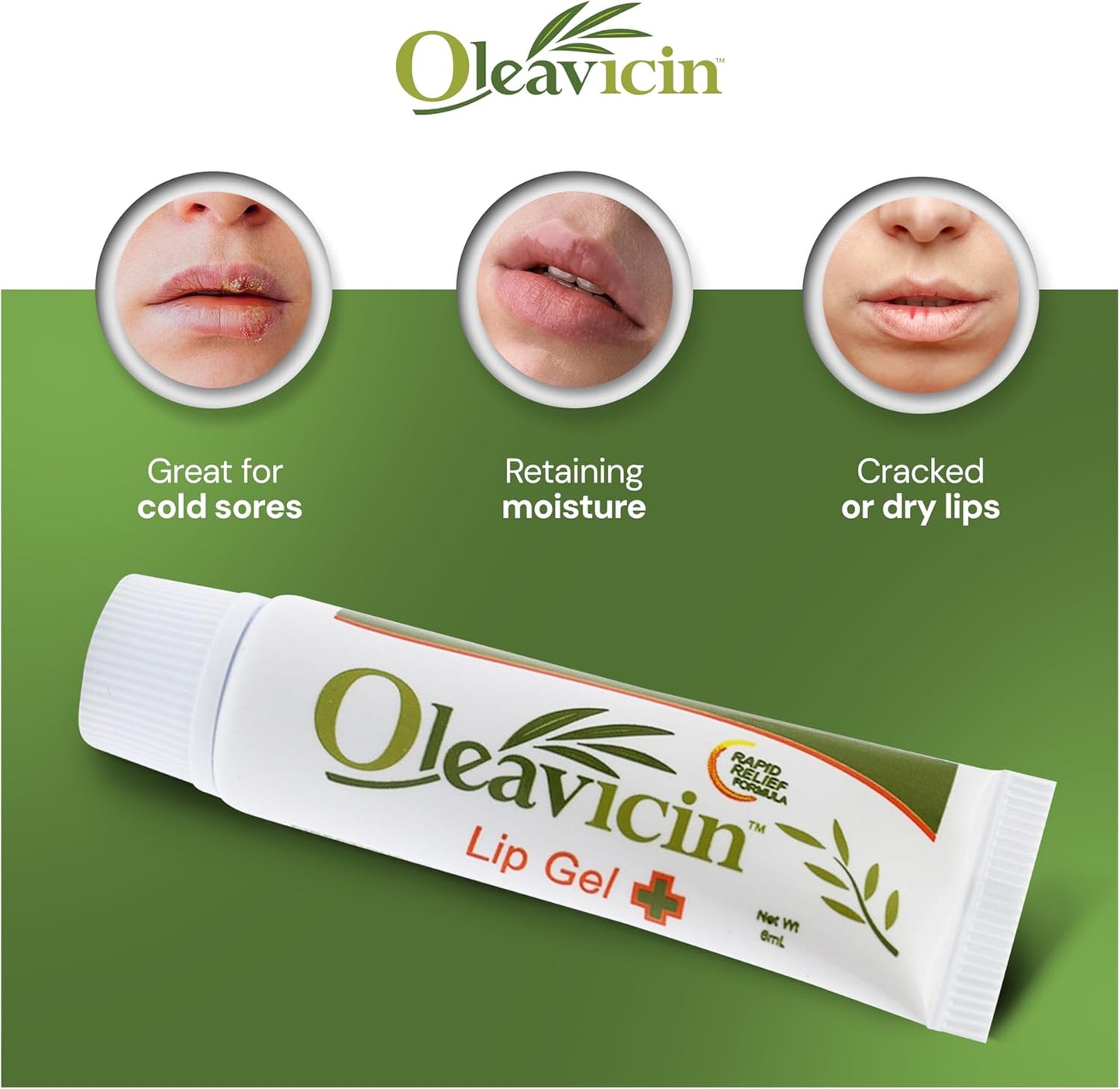 Lip Gel – Natural Cold Sore & Fever Blister Treatment with Organic Olive Leaf – Fast-Acting Relief – 1.3oz (3.8) - 3 Pack