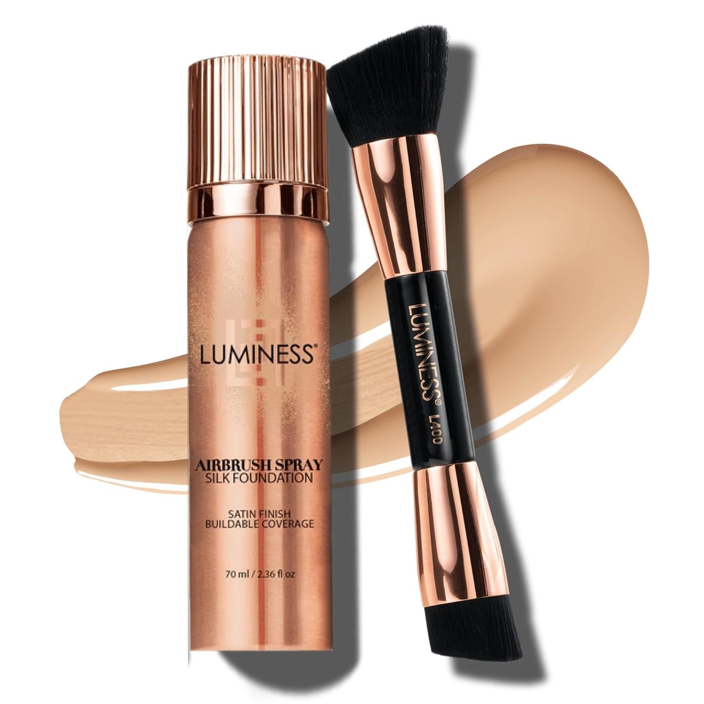 LUMINESS Silk Airbrush Spray Foundation & Buffing Brush Kit – Full Coverage Foundation & Dual-Sided Buffing Brush - Buildable Coverage, Anti-Aging Formula Hydrates & Moisturizes (Shade - Fair)
