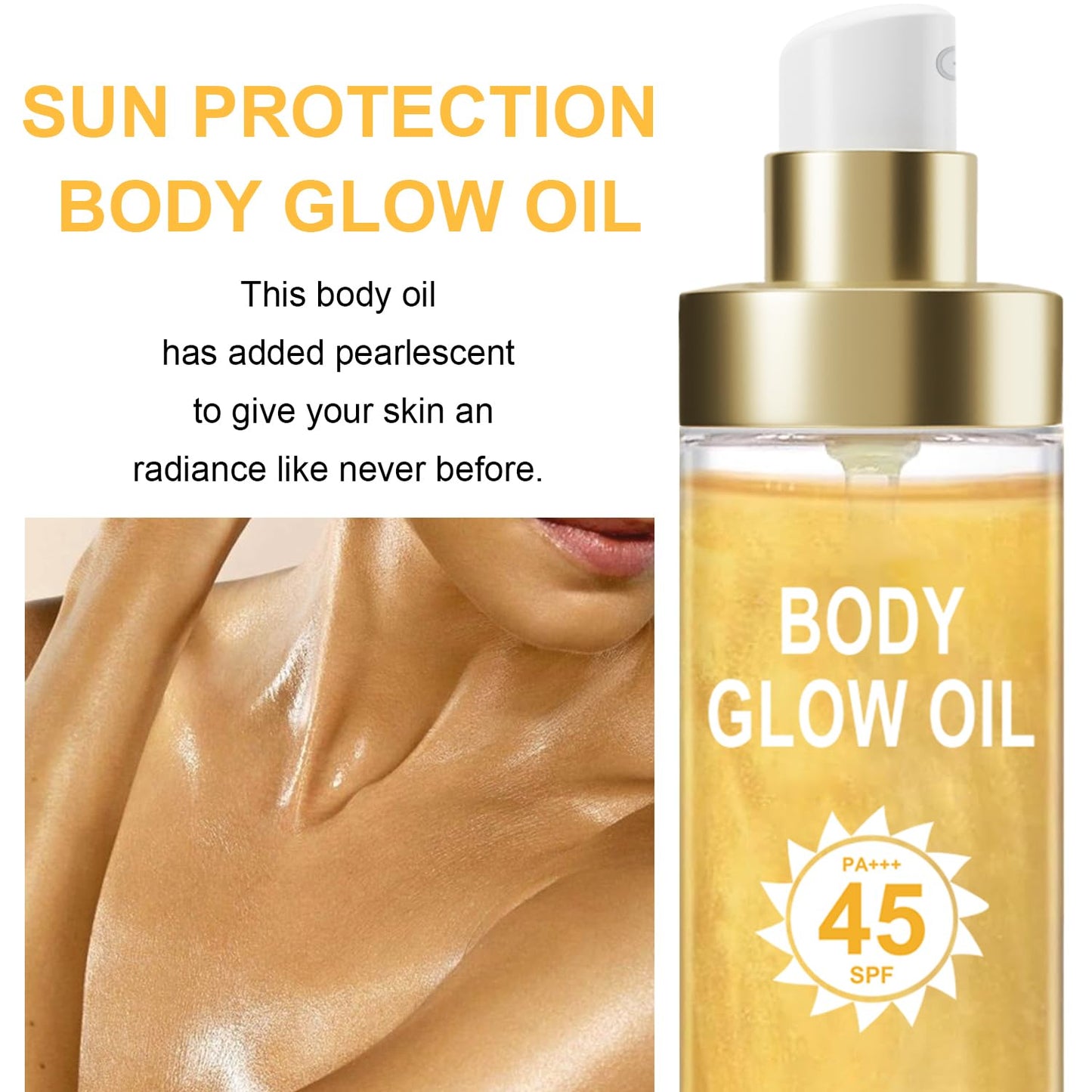 Body Glow Oil, Sunscreen Shimmer Oil, SPF 45 Broad Spectrum, Body Oil with with Coconut Oils, Moisturizing Glow for Face & Body, Liquid Illuminator Highlighter, Water Resistant, 3.72 fl oz (#1 GOLD)