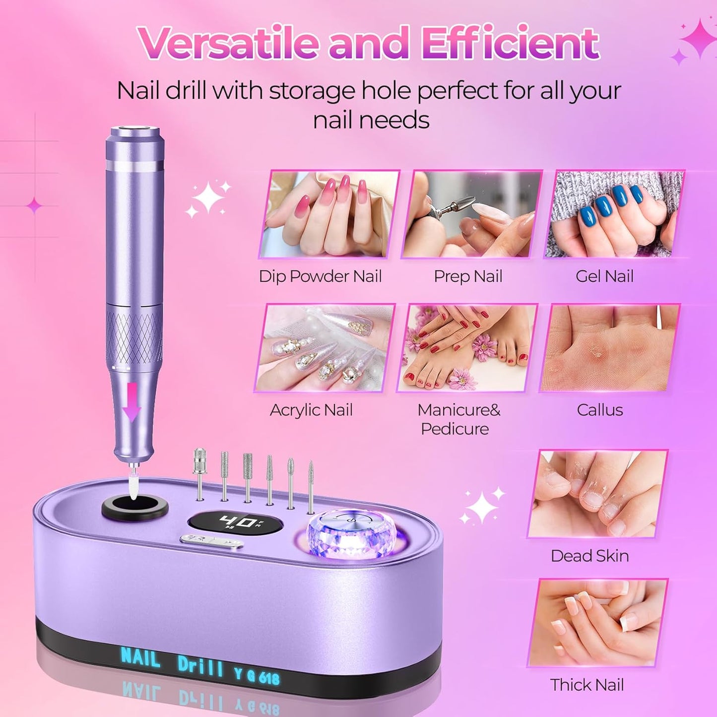 Nail Drill Electric File: 40000RPM Professional E File Kit E File Machine Filer for Shaping, Buffing, Removing Acrylic Gel Nails, Manicure Pedicure Kit with 12Pcs Nail Bits, Home Salon Use