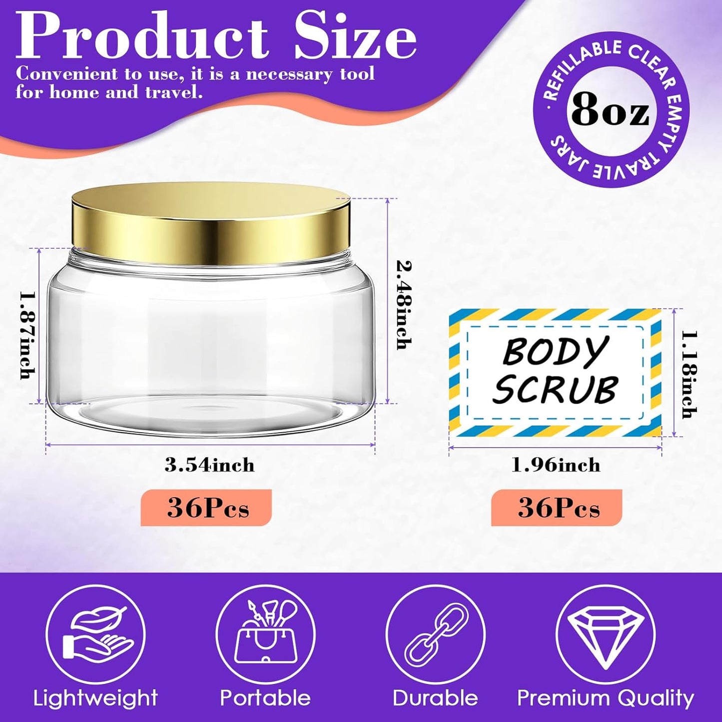 36 Pack 8 oz Plastic Cosmetic Containers With Lids Refillable Clear Empty Travle Jars Containers for Body Butter,Sugar Scrubs,Cream,Lotions,Candy, Waterproof Label&Spatulas - (Clear Lid)