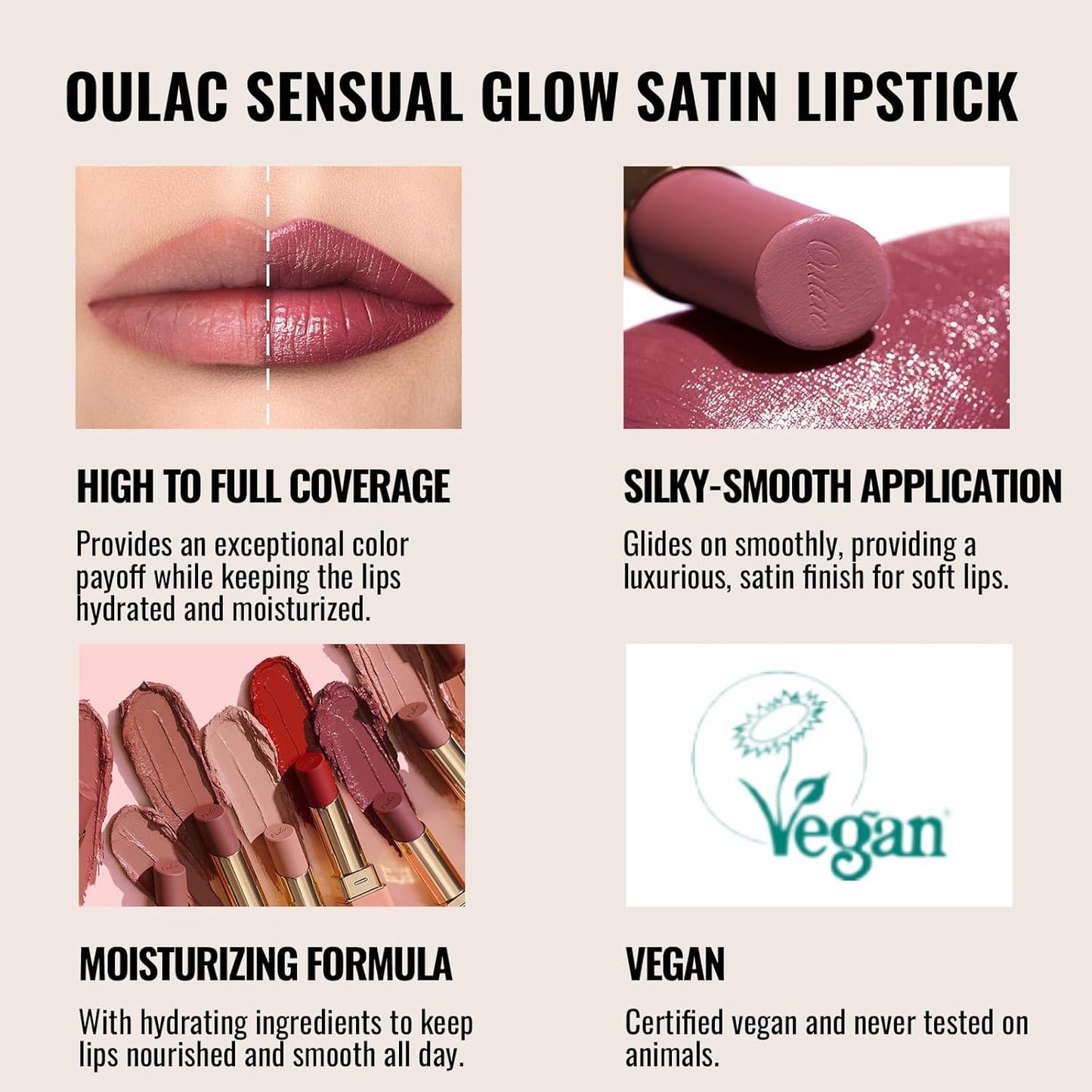 Oulac Color Rich Satin Lipstick - Light Brown Full Coverage Lip Color, Creamy Silky-Smooth, Moisturizing, Satin Matte Finish, Infused With Shea Butter, Vegan & Clean Beauty, 4g, SG10 Bailey