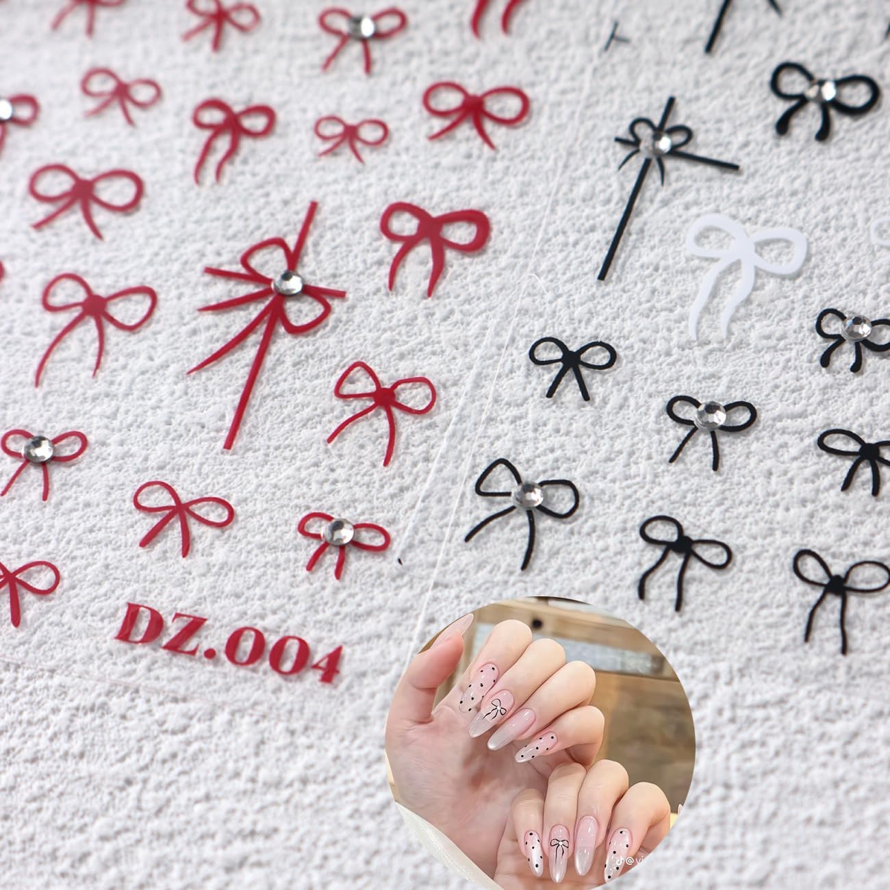 4Sheets Bow Nail Stickers for Nail Art Set, Bow 3D Nail Art Sticker Self-Adhesive Black White Red Bow Shiny Clear Diamond Nail Designs Cute Bow Decals for Women Girls Bow-Knot Manicure Decorations