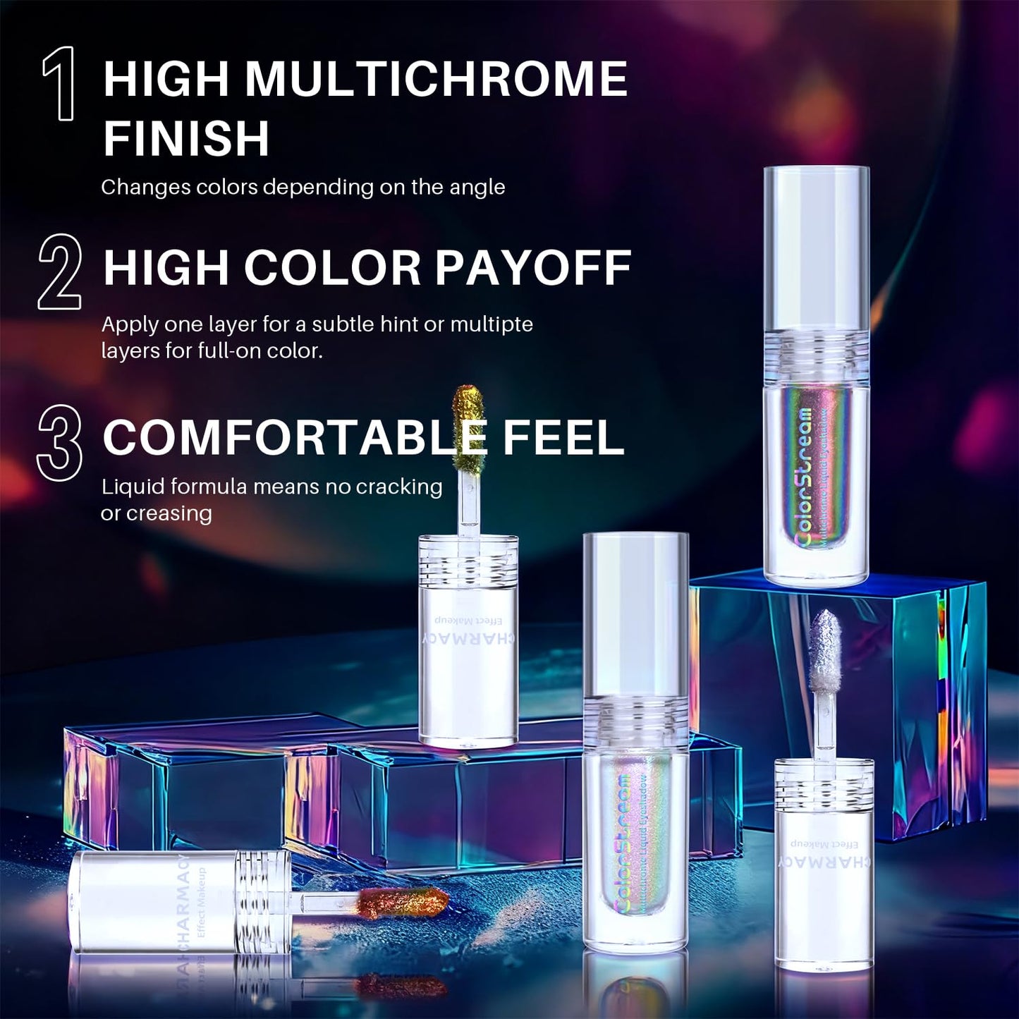 CHARMACY Multichrome Liquid Metallic Eyeshadow, Chameleon Shifting Color, Holographic Glitter Liquid Eyeshadow, Long Lasting Wear, Vegan Eye Topper for Party, Daily Makeup #07