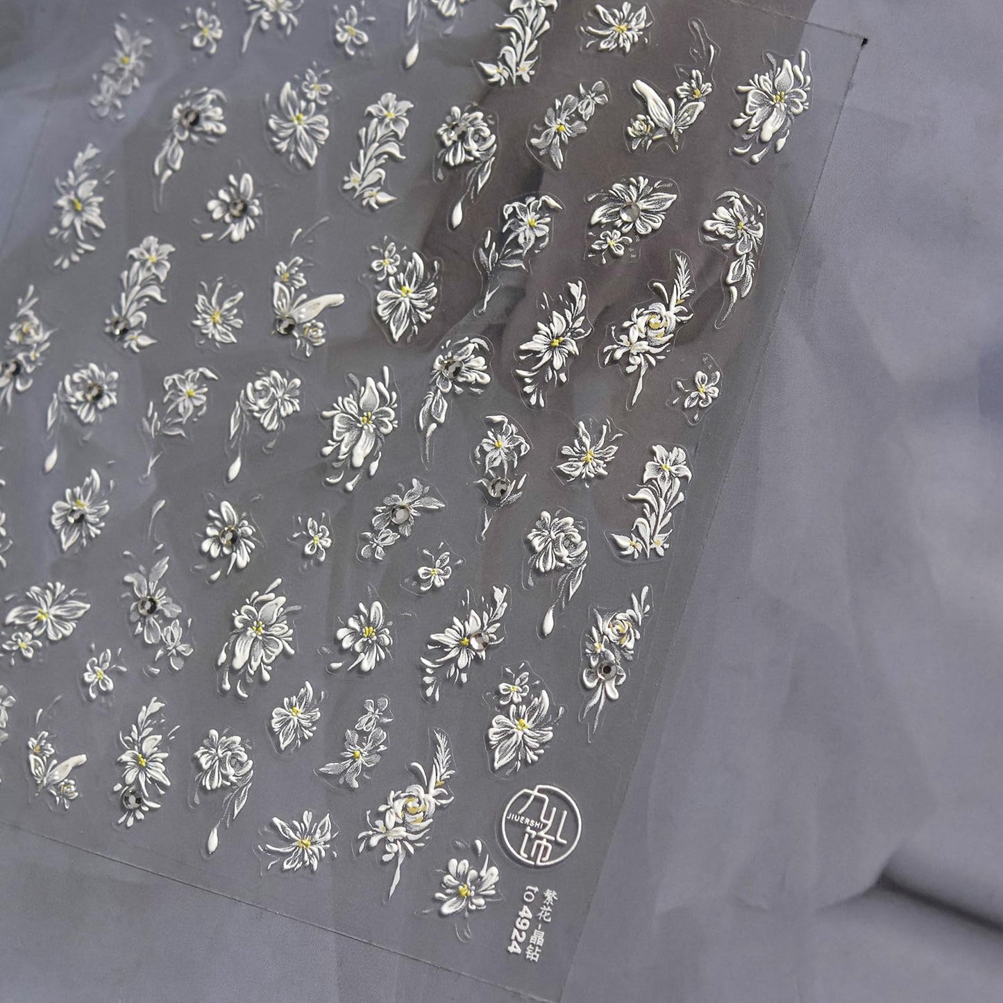 Flower Nail Art Stickers White Floral Nail Stickers 5D Embossed White Style Nail Decals Accessories with Rhinestone Nail Decals Manicure Supplies for Women DIY Decorations